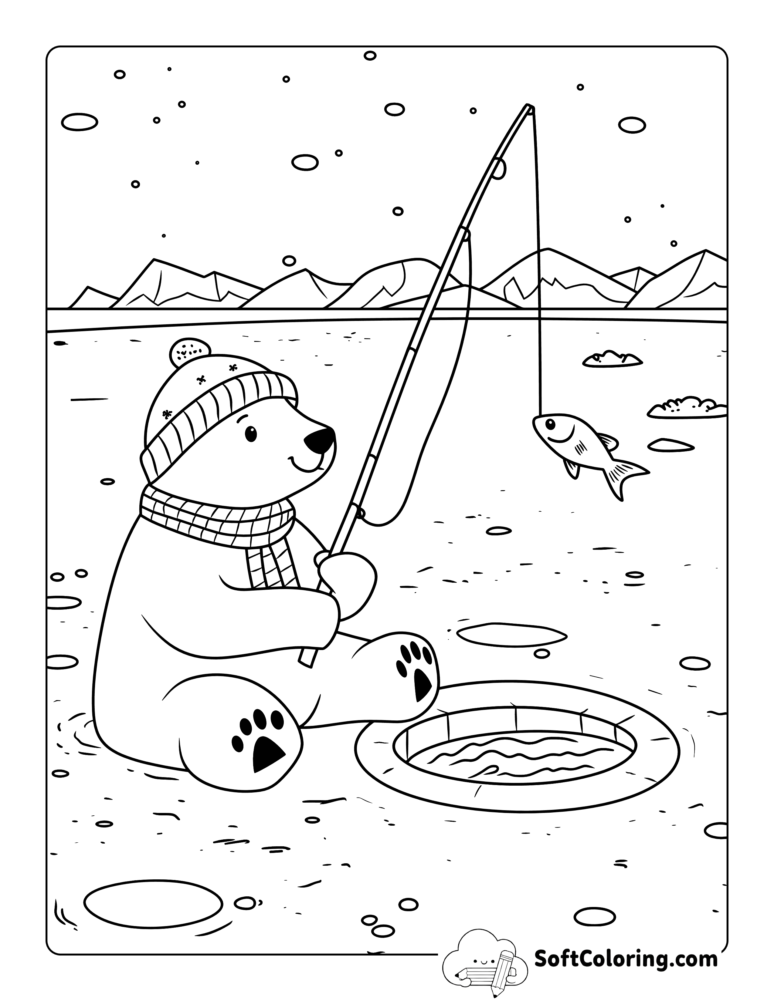 Easy Ice Fishing Polar Bear Coloring Sheet for Kids
