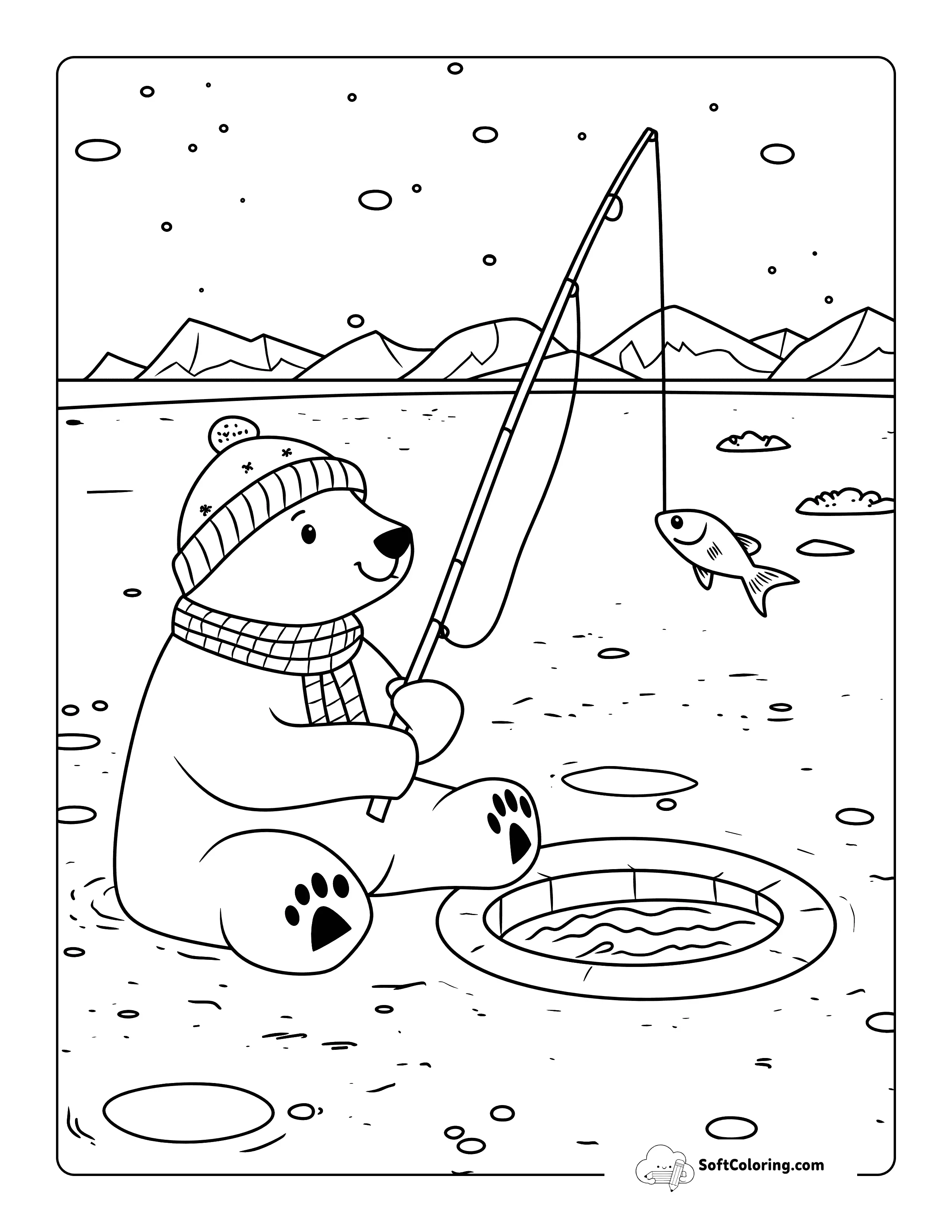 Easy Ice Fishing Polar Bear Coloring Sheet For Kids