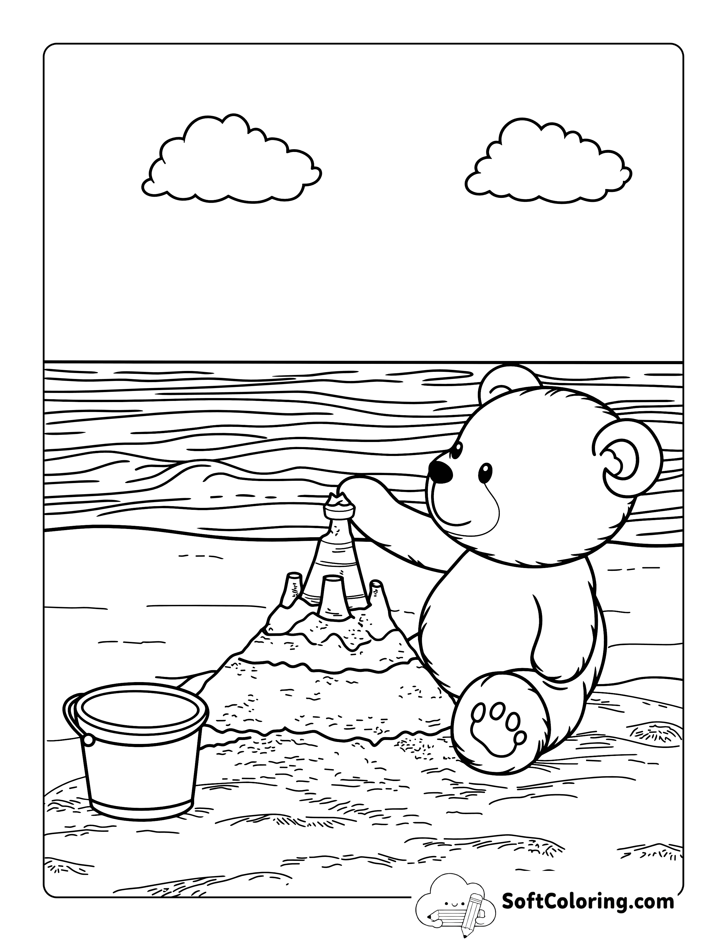 Teddy Bear Building Sandcastle Coloring Page