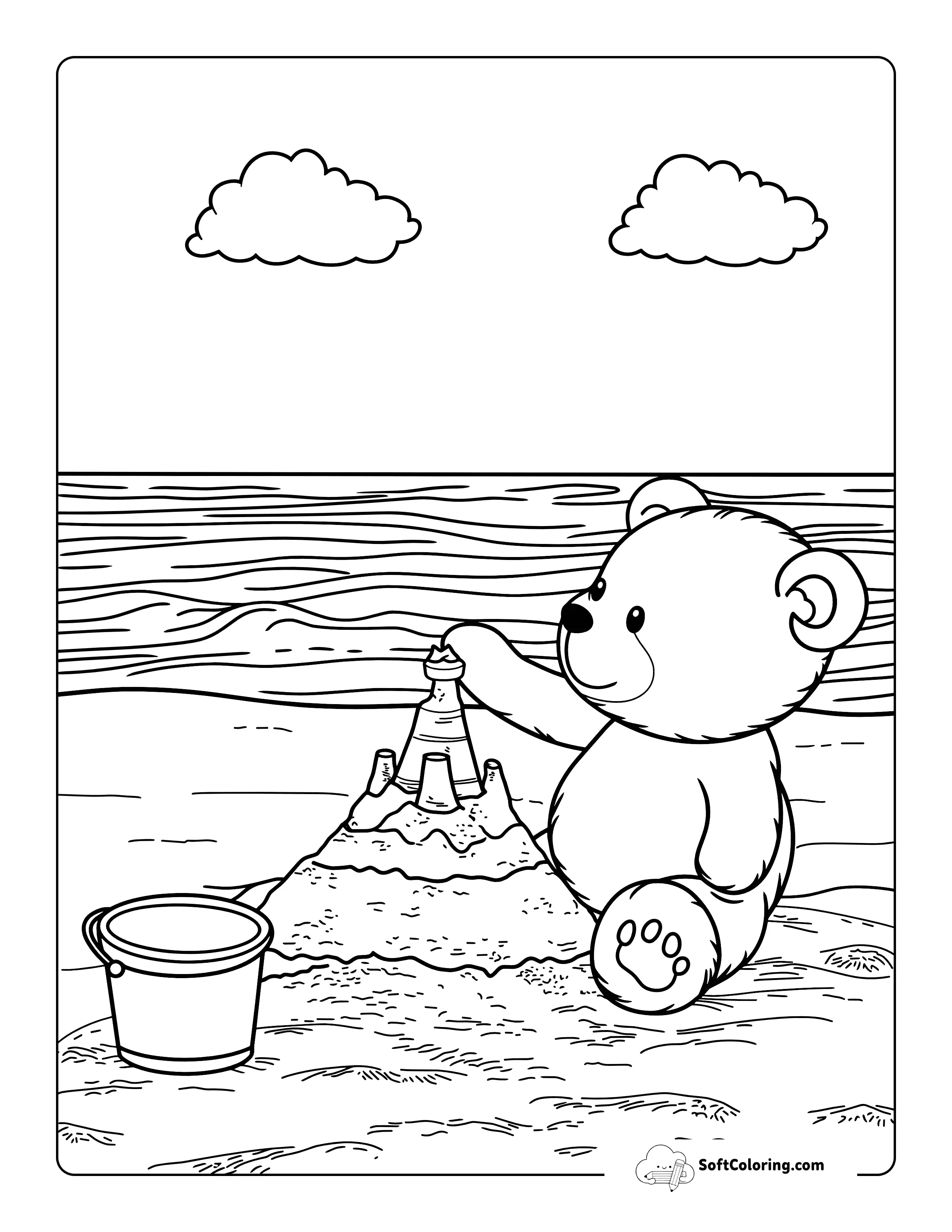 Teddy Bear Building Sandcastle Coloring Page