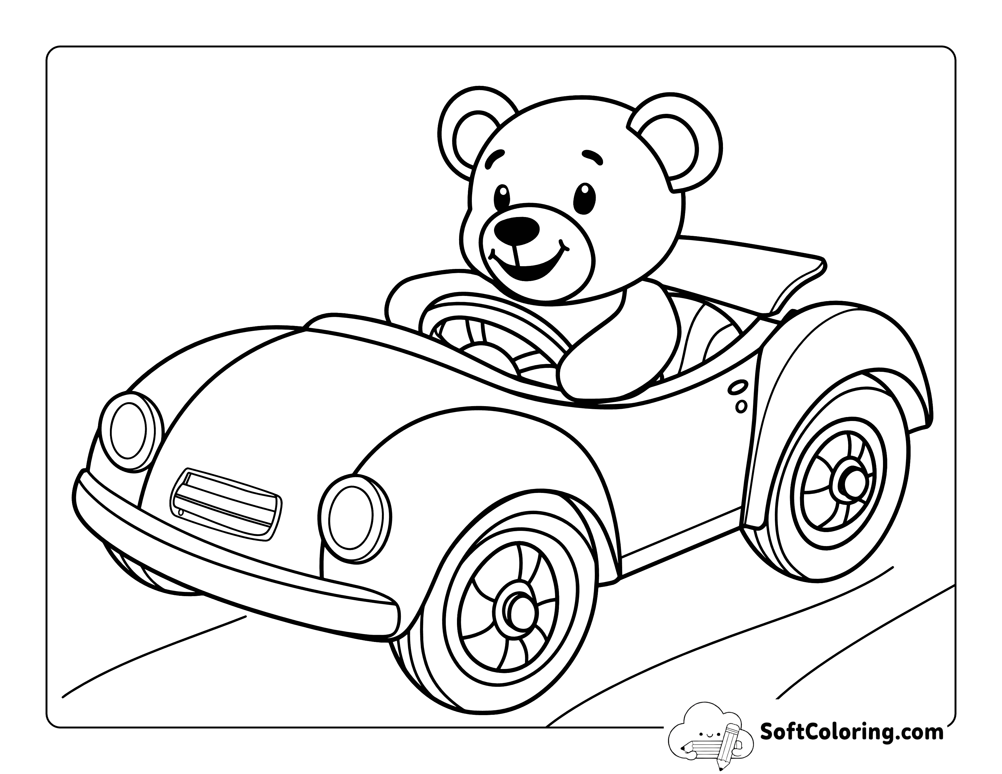Teddy Bear Driving Car Printable Coloring Sheet for Kids
