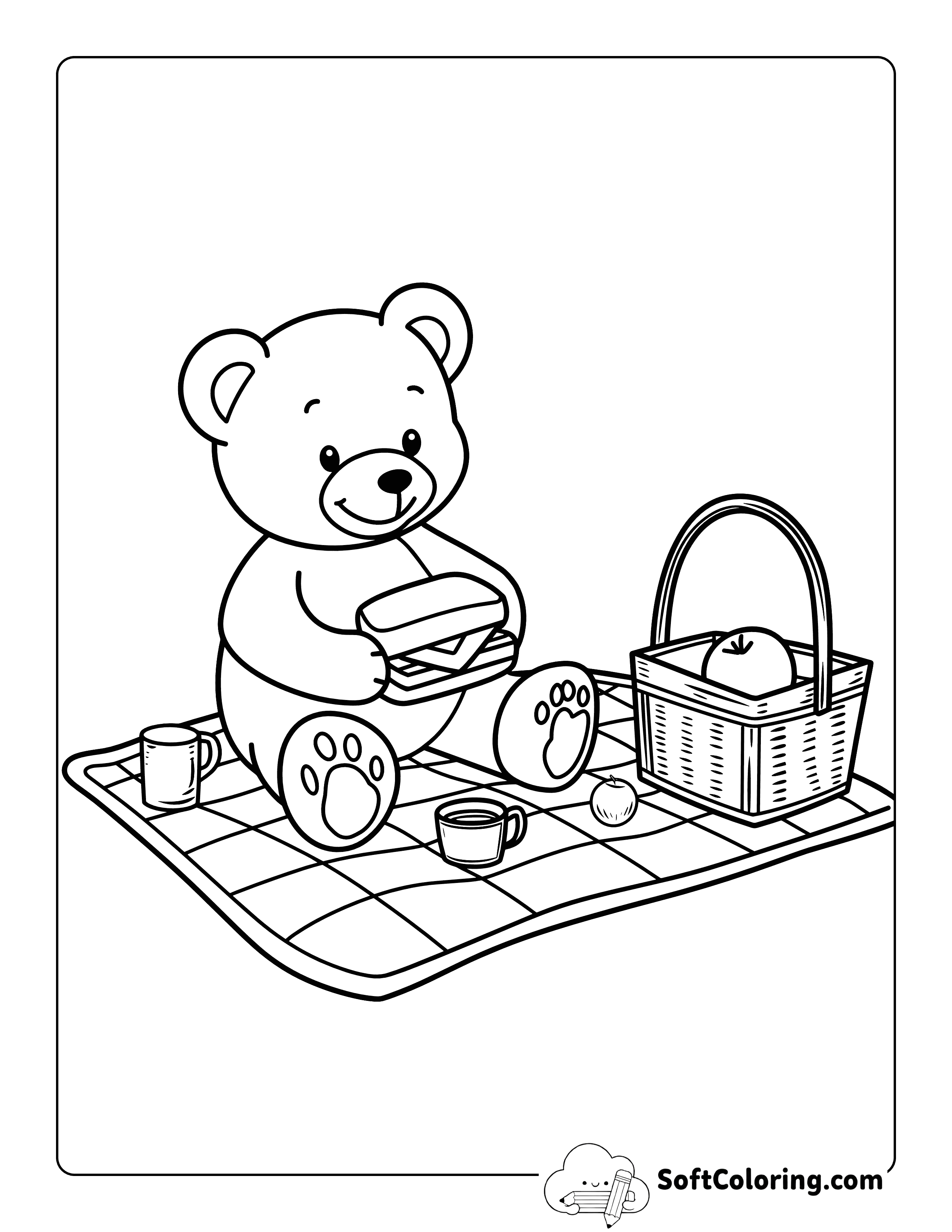 Easy Picnic Teddy Bear Coloring Page for Kids