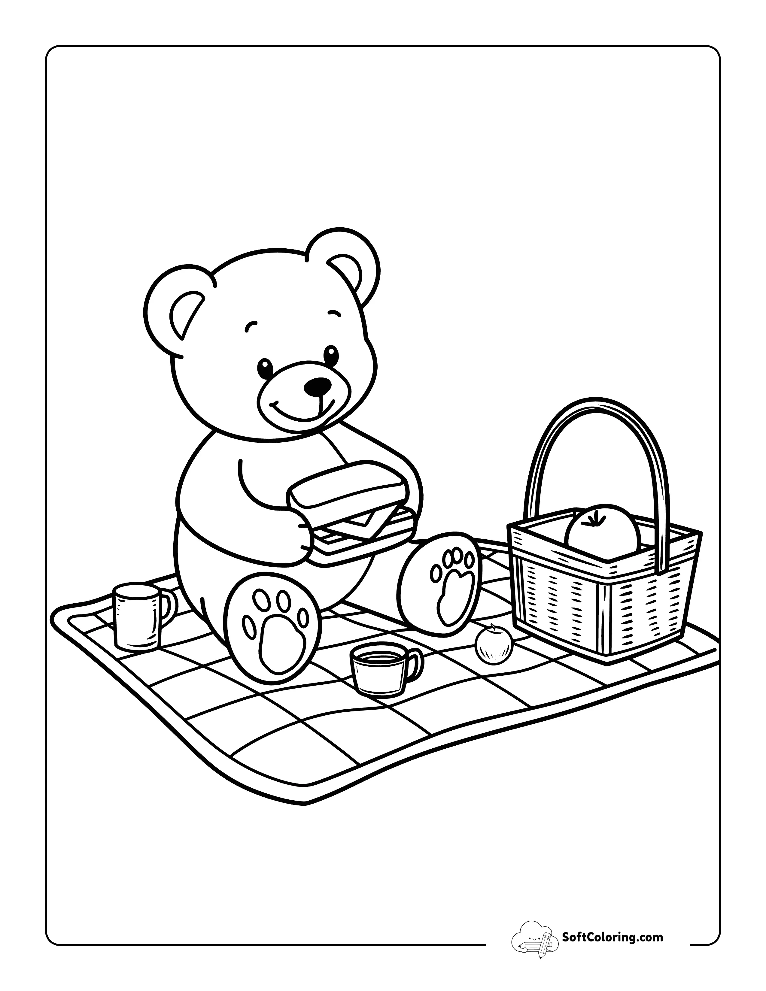Easy Picnic Teddy Bear Coloring Page For Kids