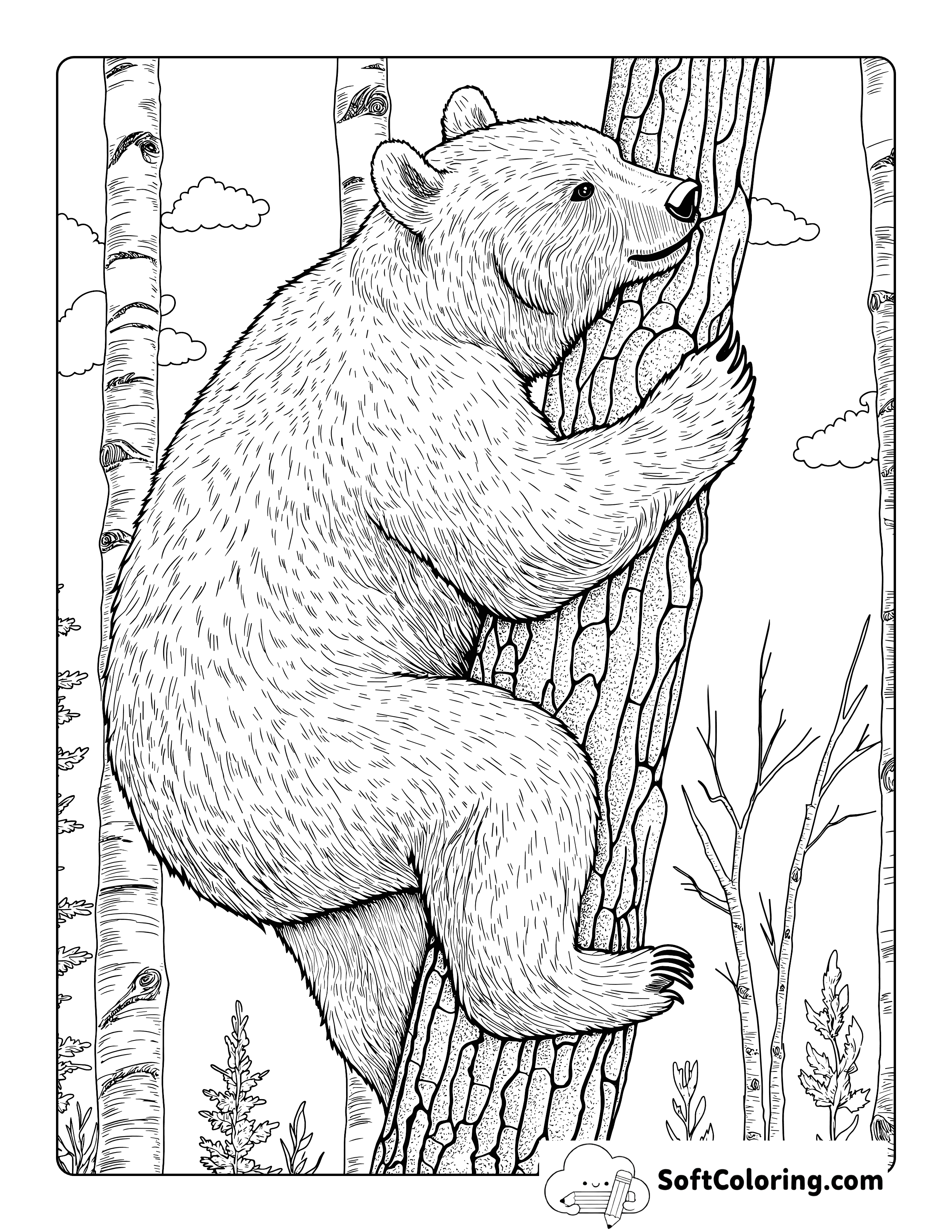 Climbing Tree Realistic Bear Coloring Page for Adults