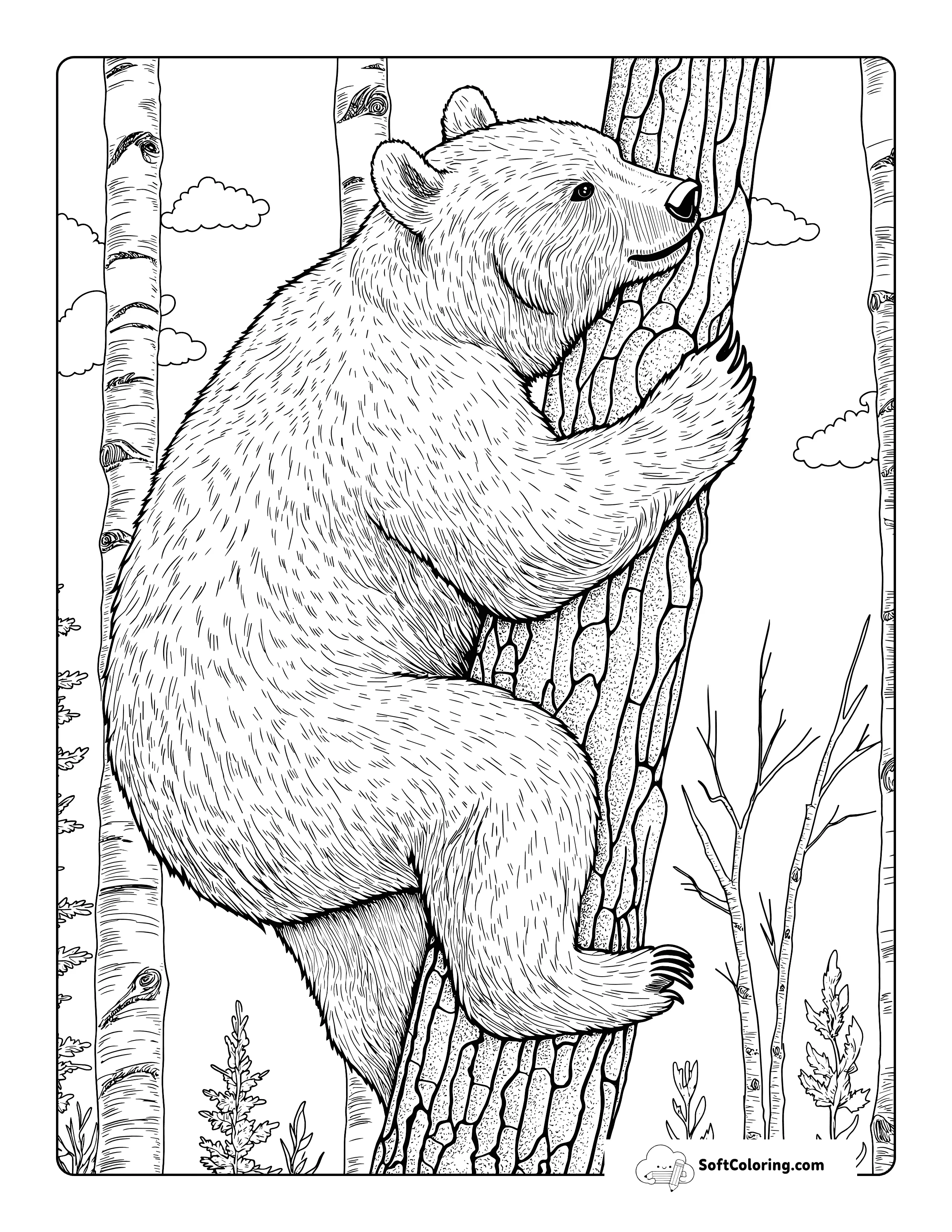Climbing Tree Realistic Bear Coloring Page For Adults