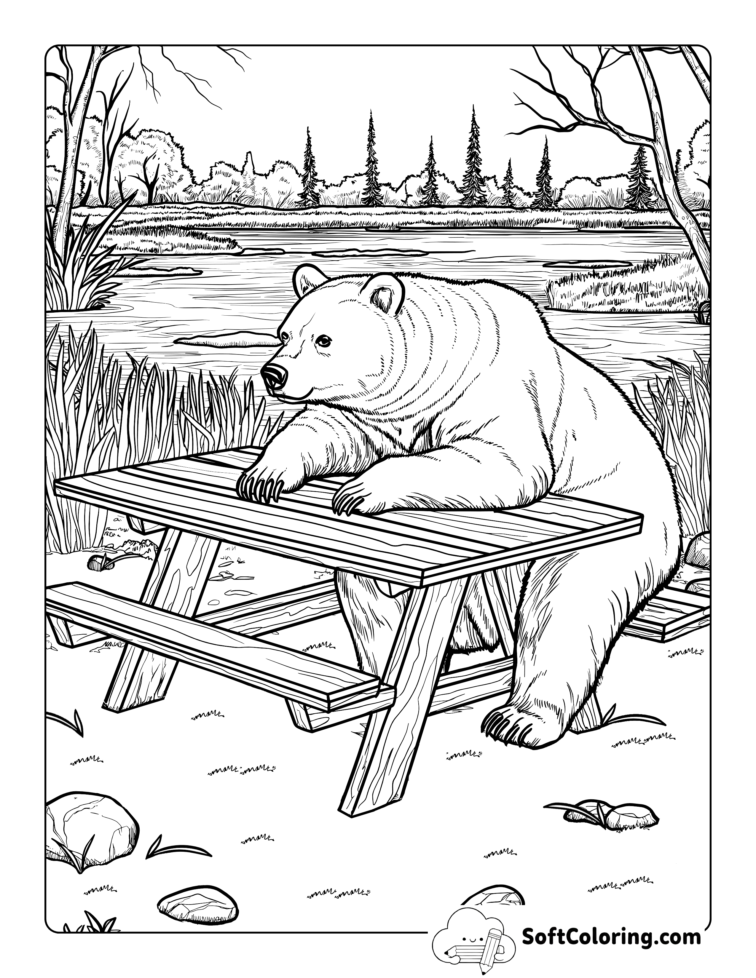 Realistic Bear at a Picnic Table Printable for Adults to Color