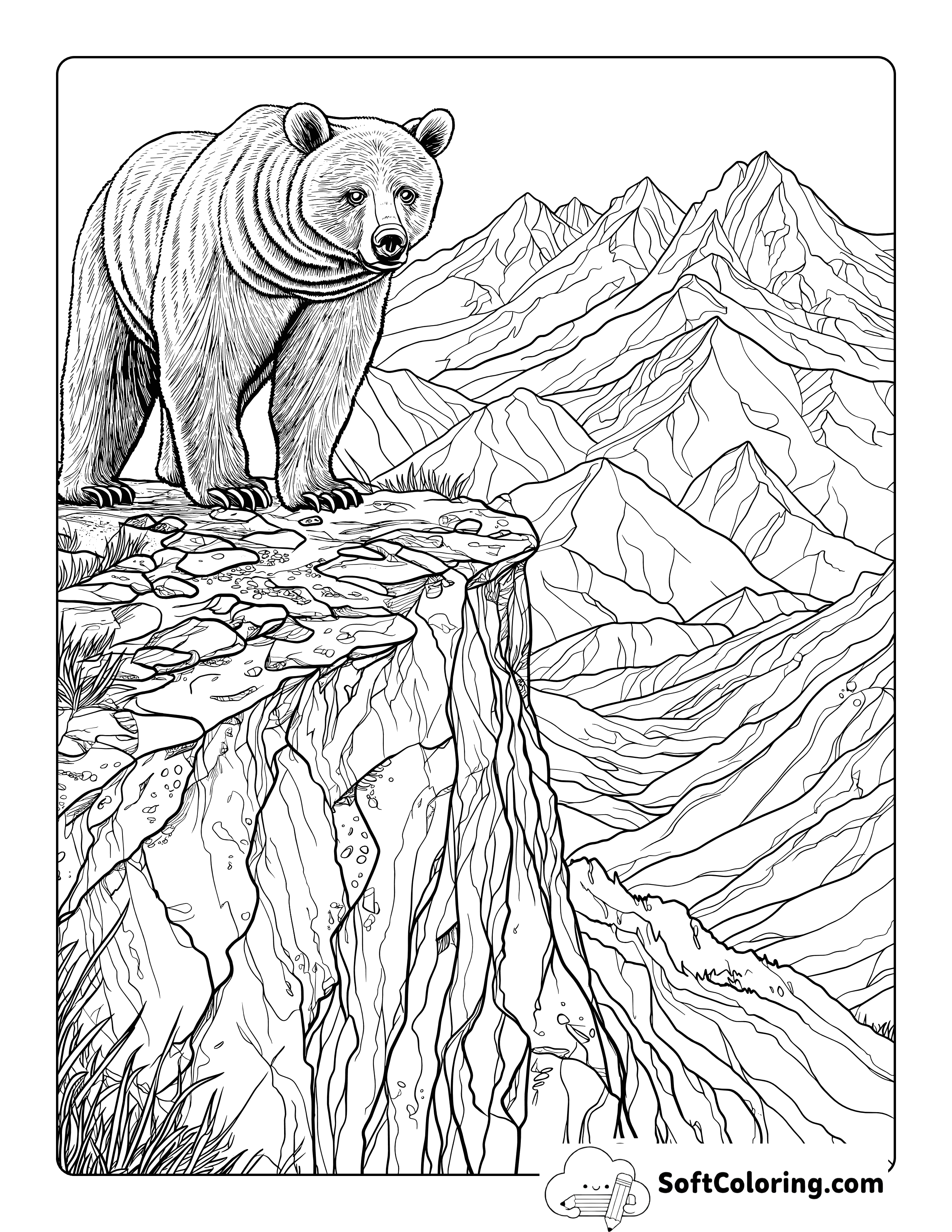 Mountain Vista Realistic Brown Bear Coloring Sheet for Adults