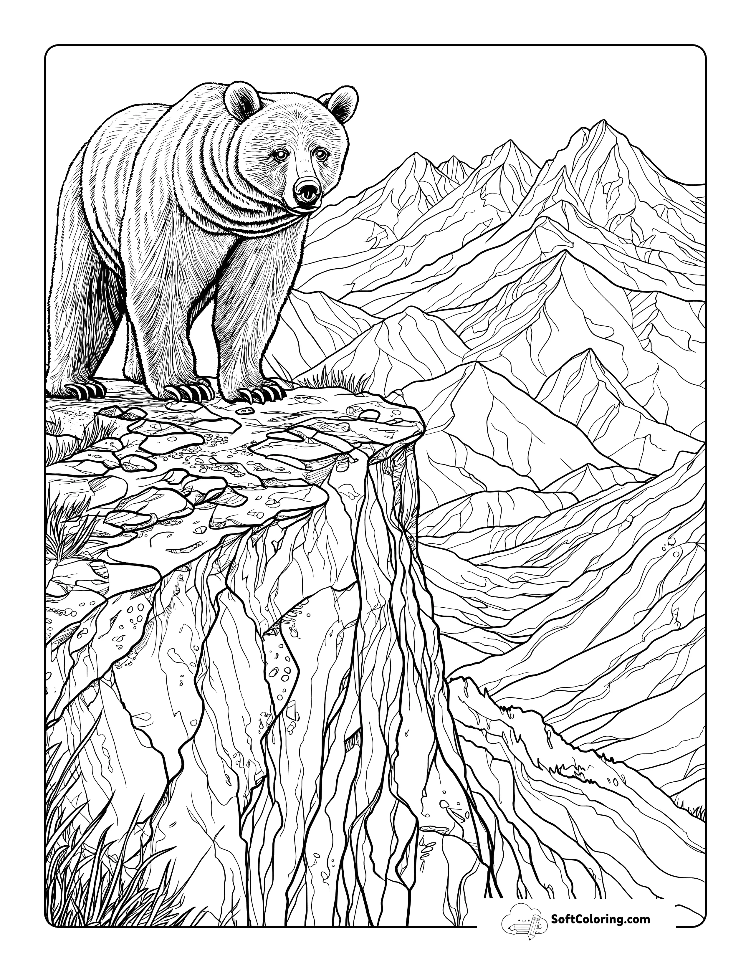 Mountain Vista Realistic Brown Bear Coloring Sheet For Adults