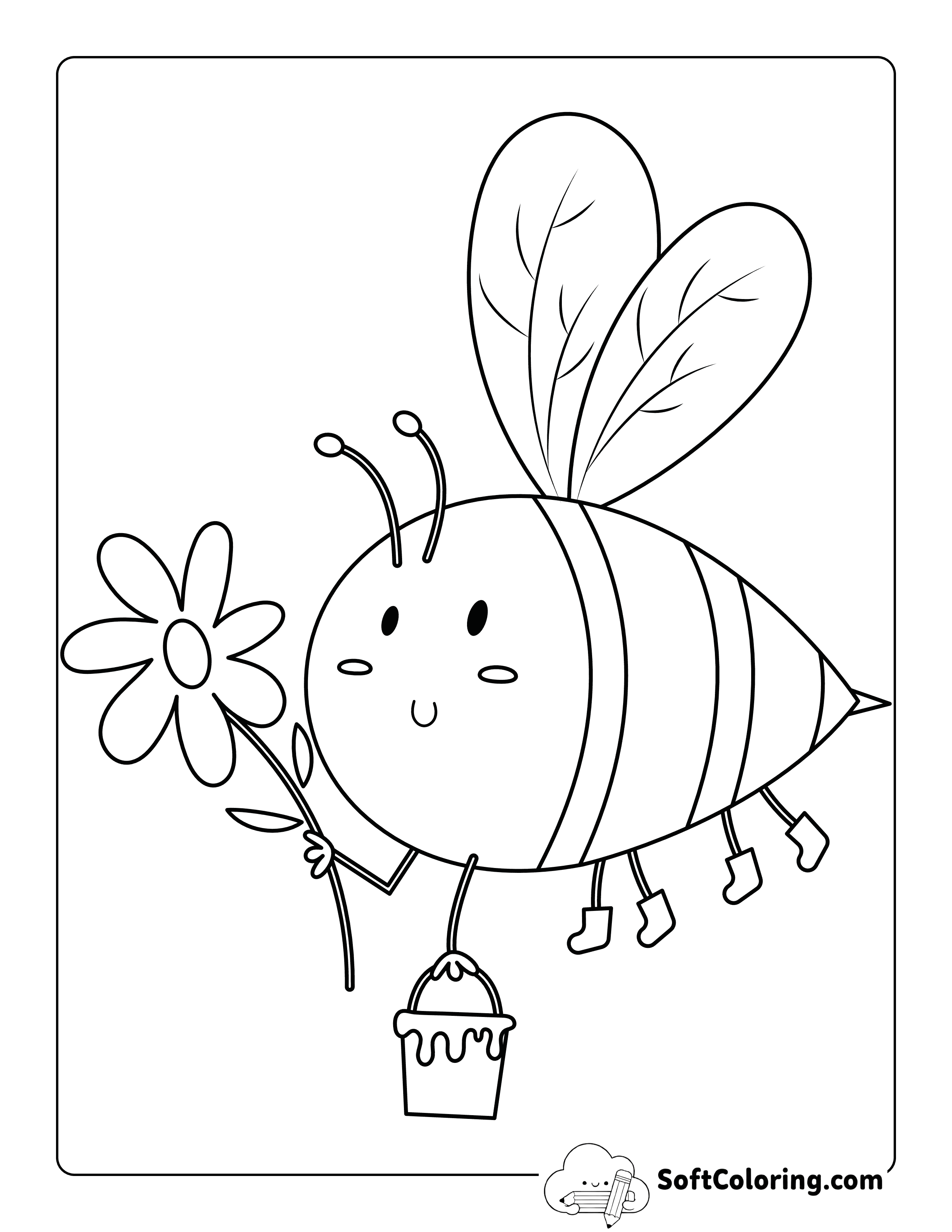 Easy Bee with Daisy Coloring Page for Kindergartners