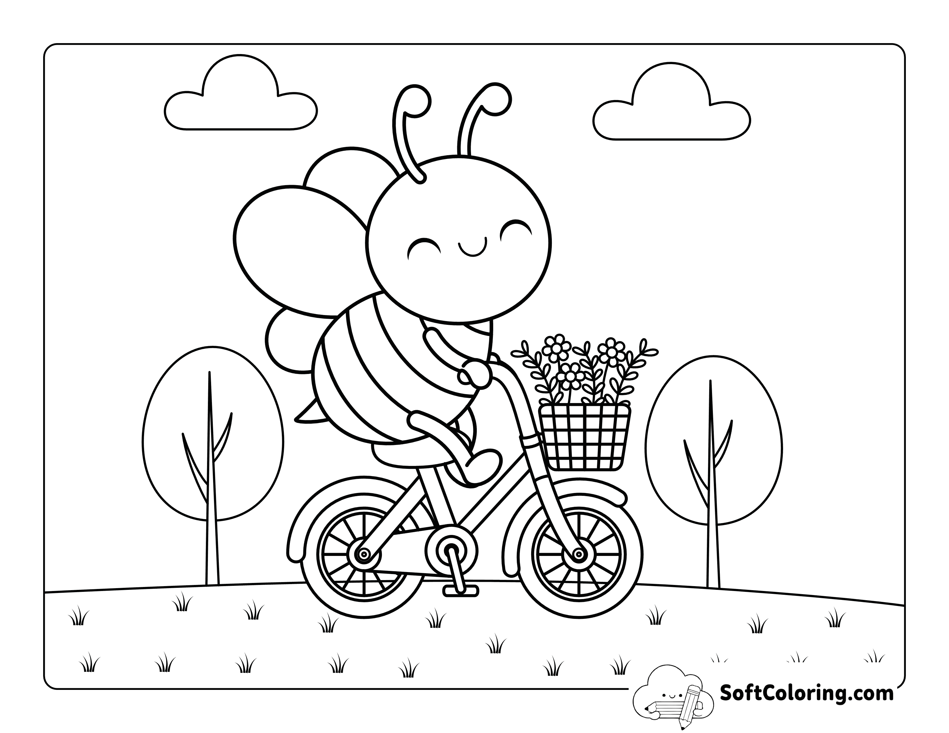 Bee Riding a Bicycle Cozy Coloring Sheet