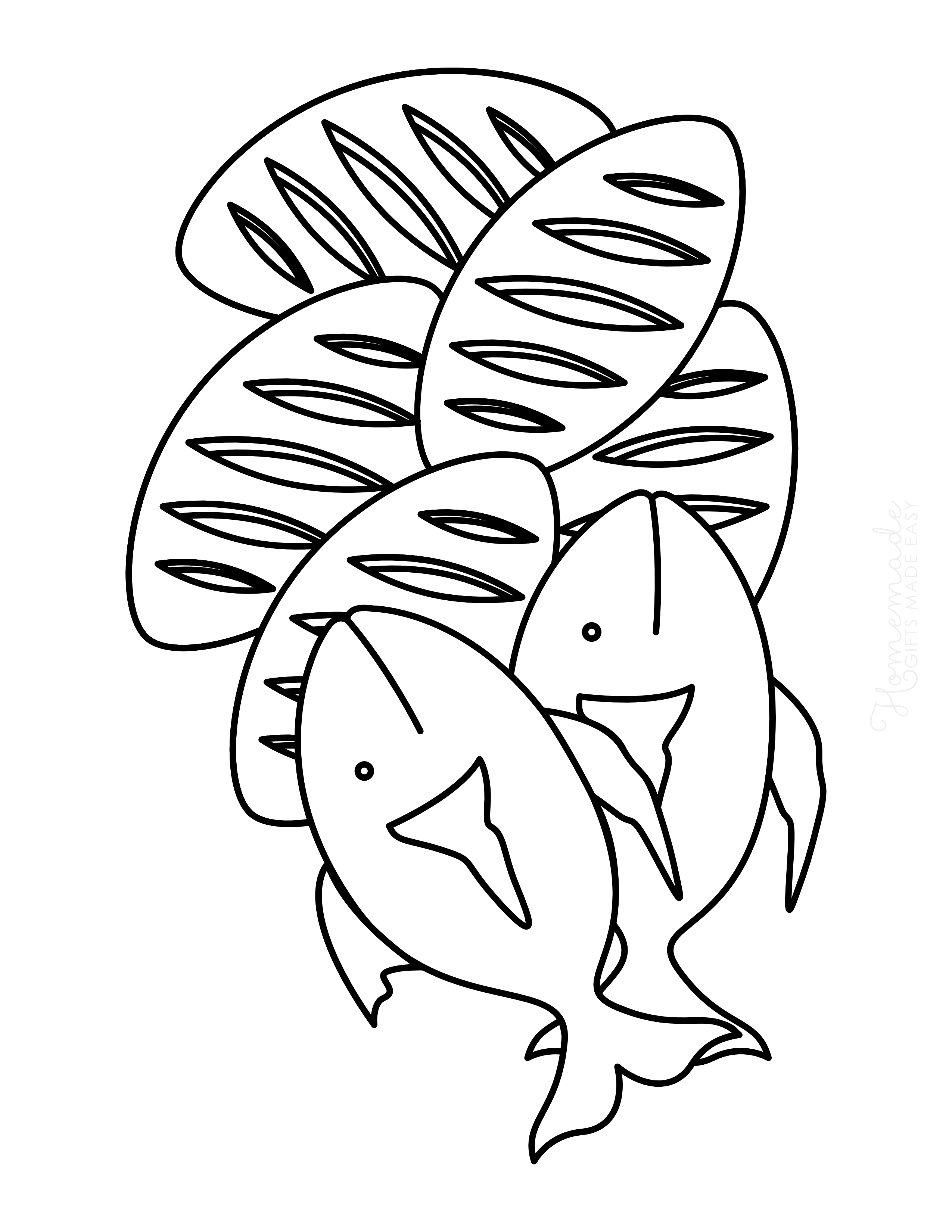 2 Fish & 5 Loaves of Bread Coloring Page for Kids