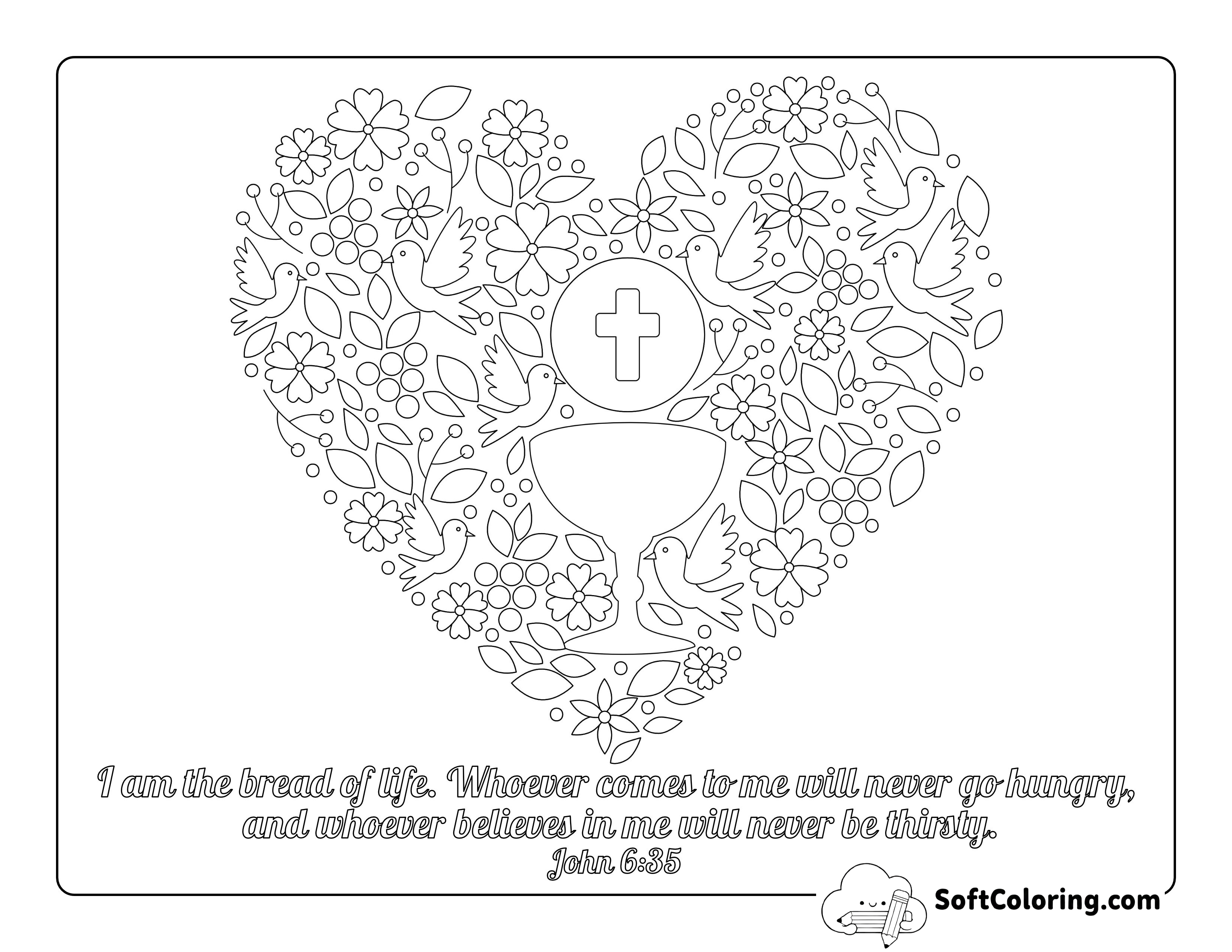 First Communion Heart Doodle for Kids to Color