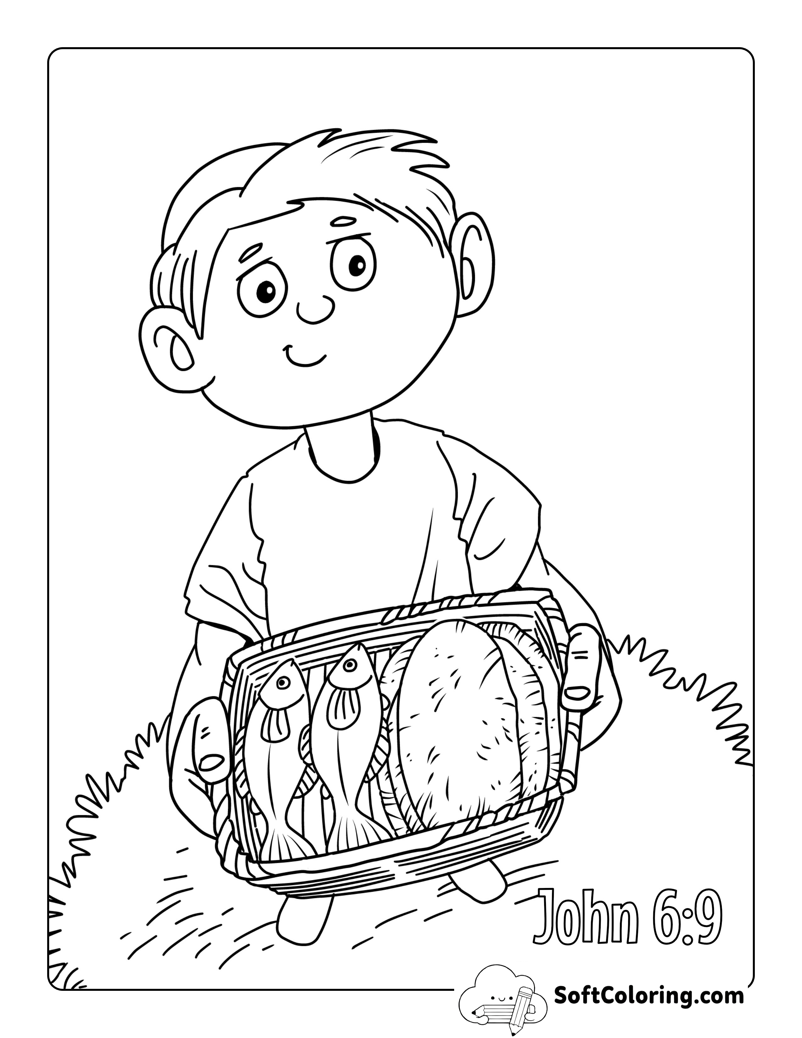 Boy with Two Fish and Five Loaves Picture to Color