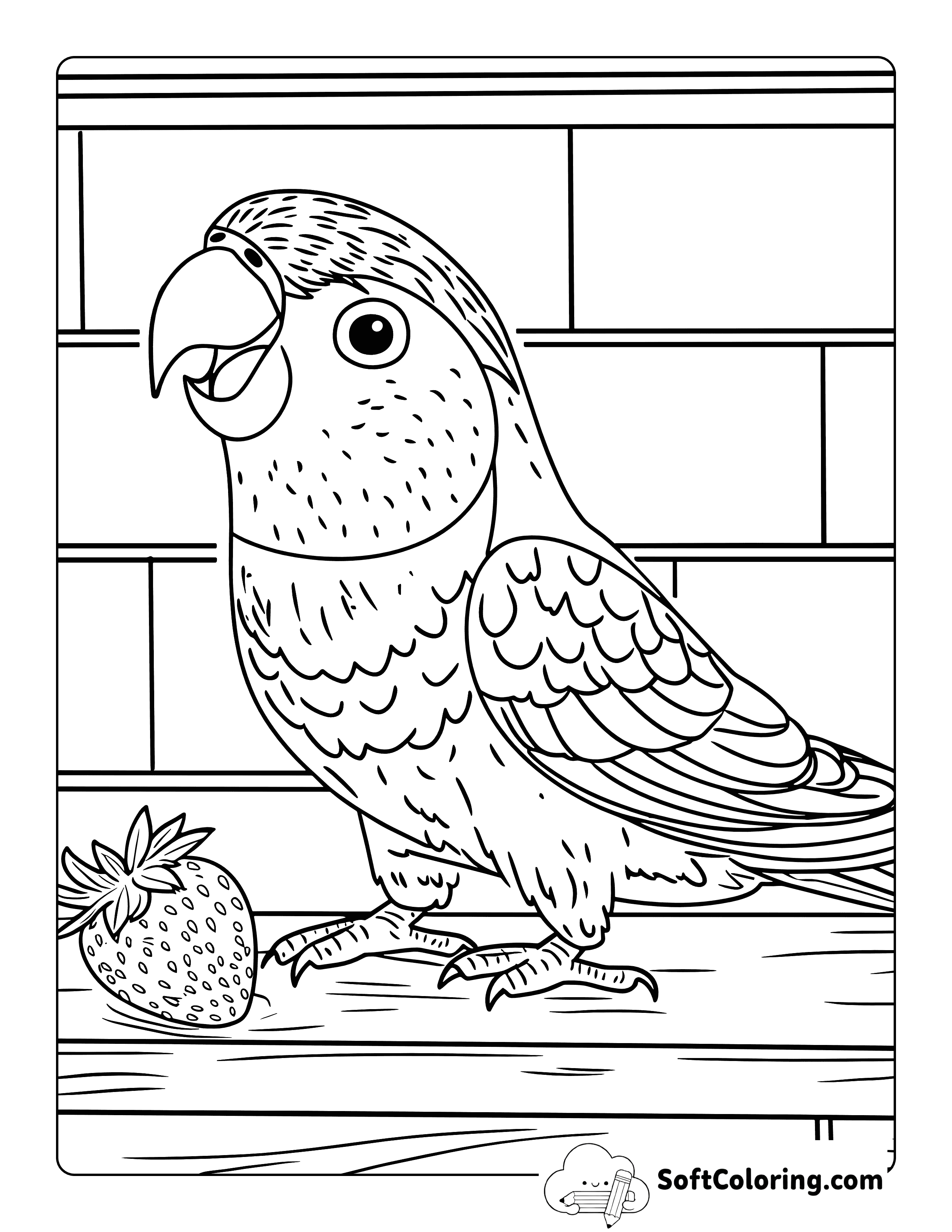 Cute Small Parrot with Strawberry Coloring Sheet
