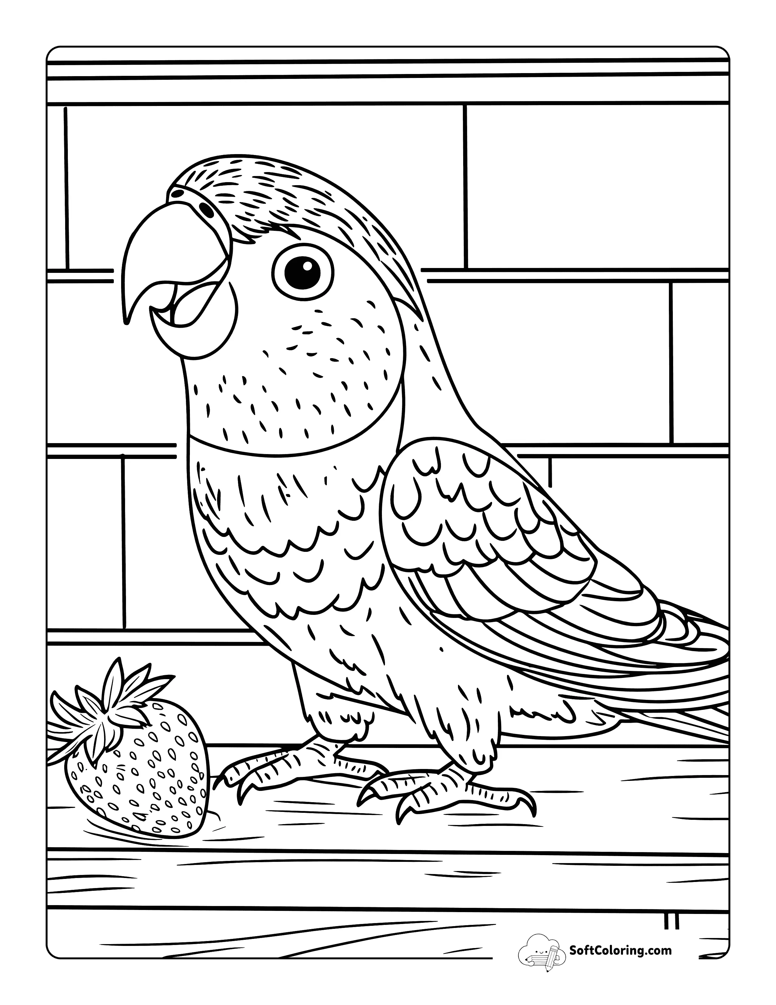 Cute Small Parrot With Strawberry Coloring Sheet