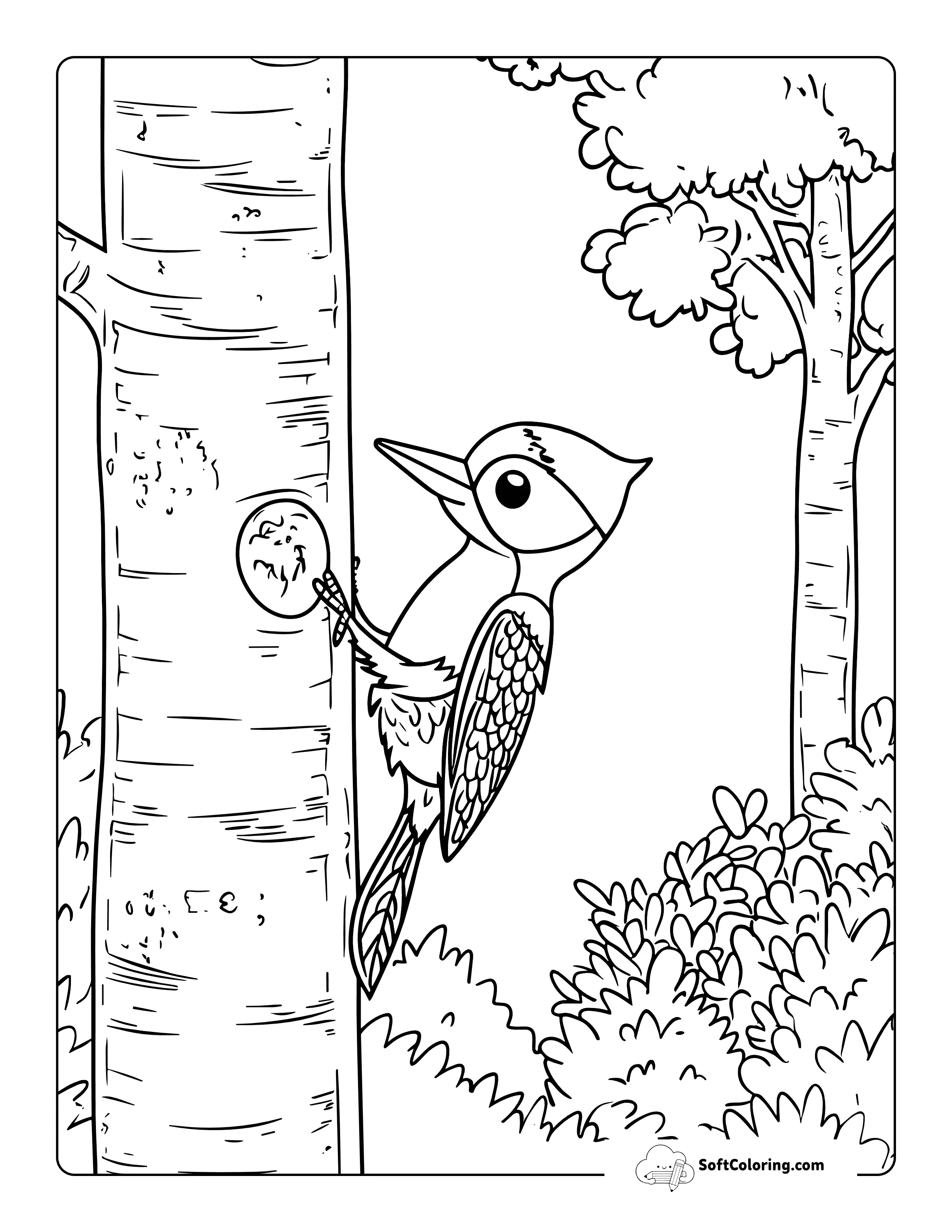 Cute Realistic Woodpecker Bird Coloring Page Printable