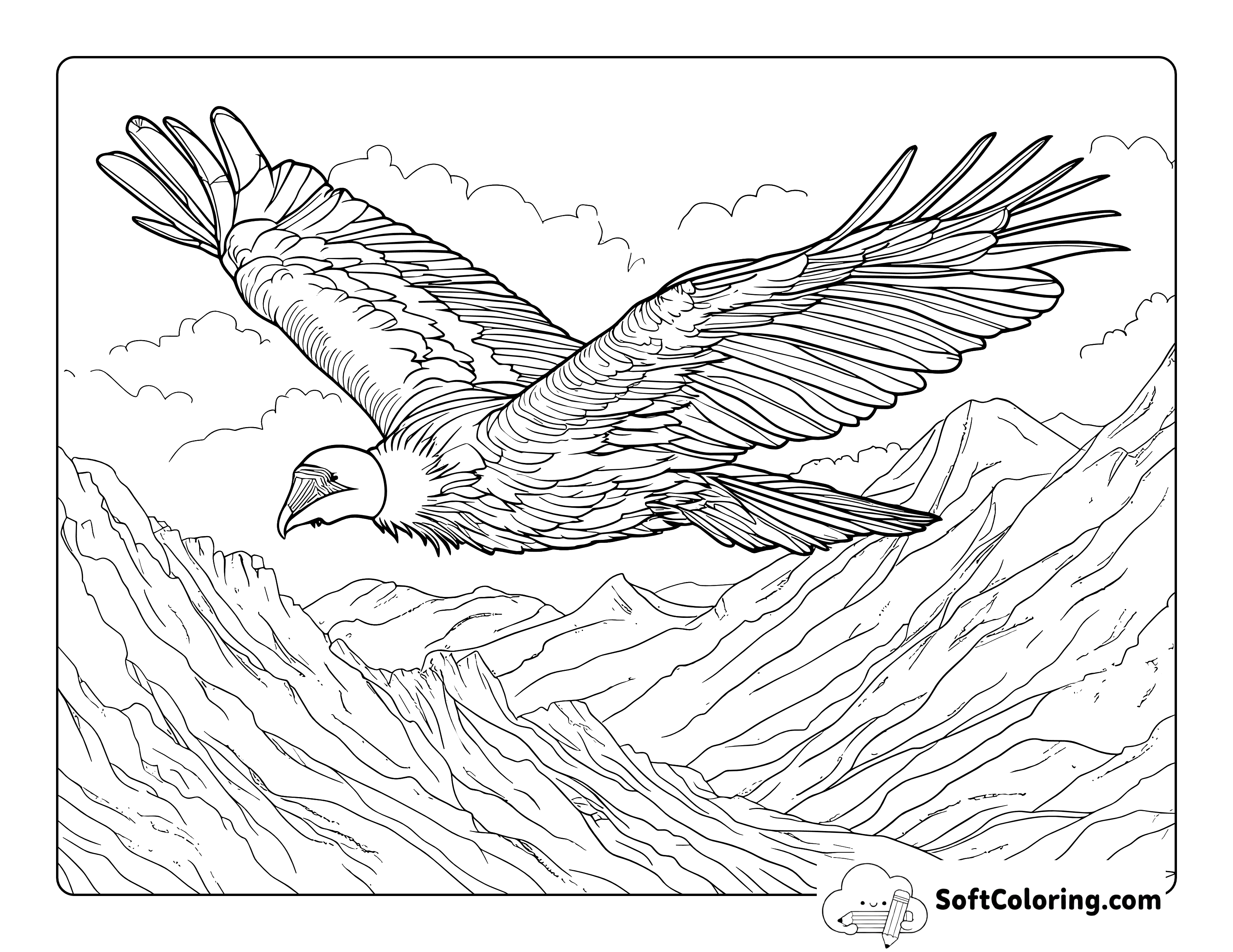 Realistic Condor Over Landscape Printable Bird for Adults to Color
