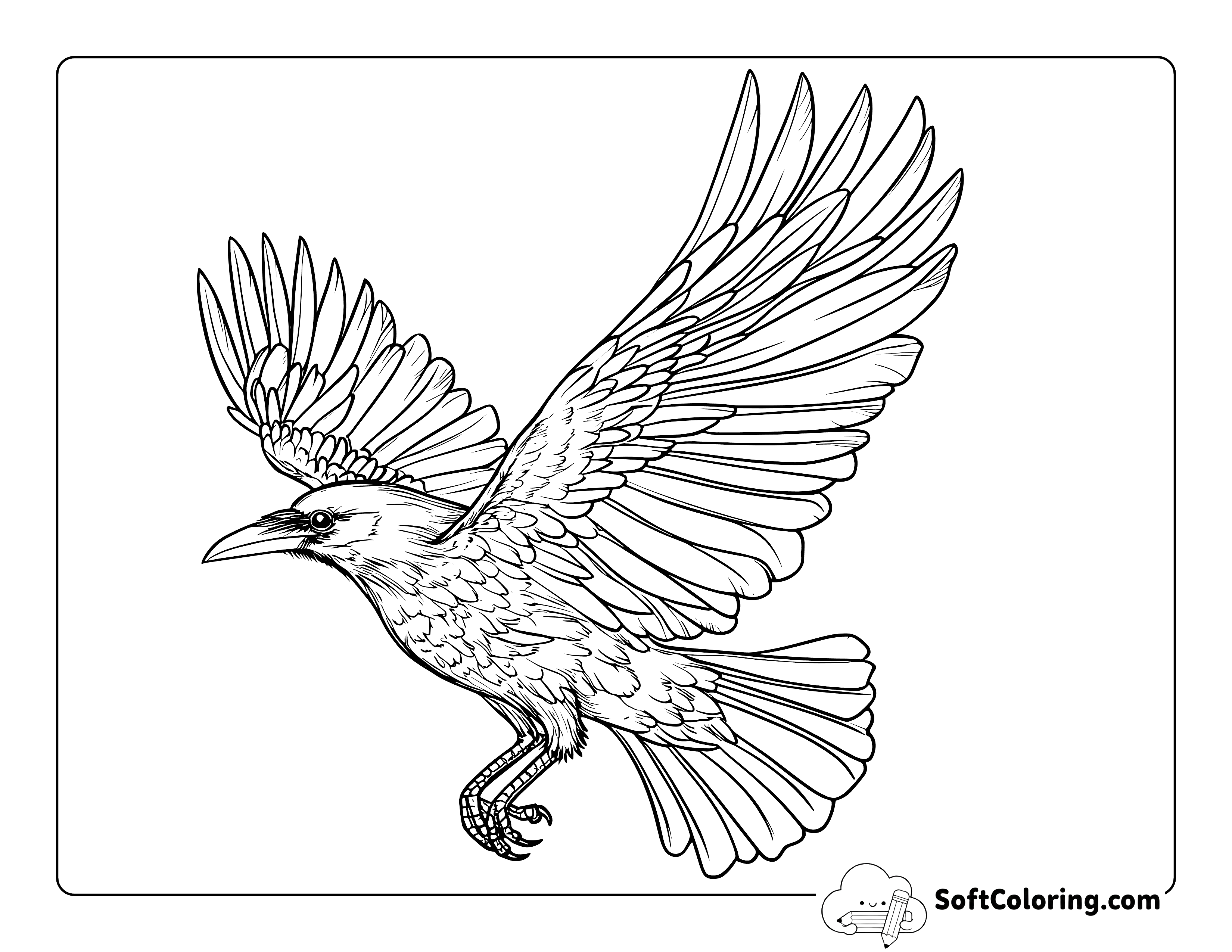 Realistic Crow in Flight Bird Coloring Page