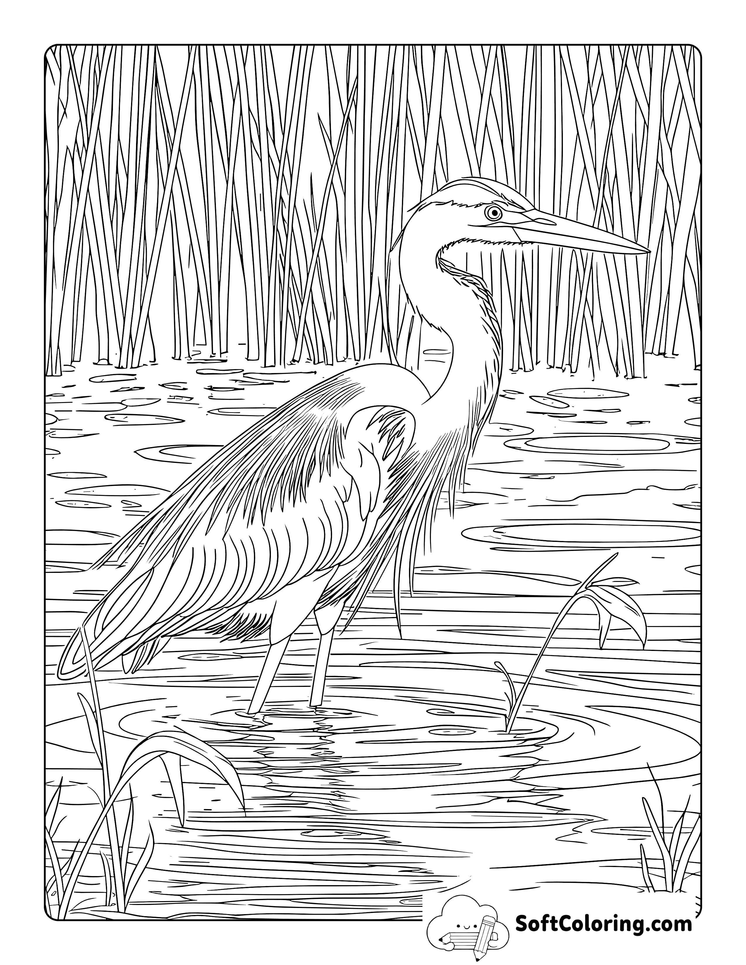 Realistic Heron in a Pond Printable Coloring Page