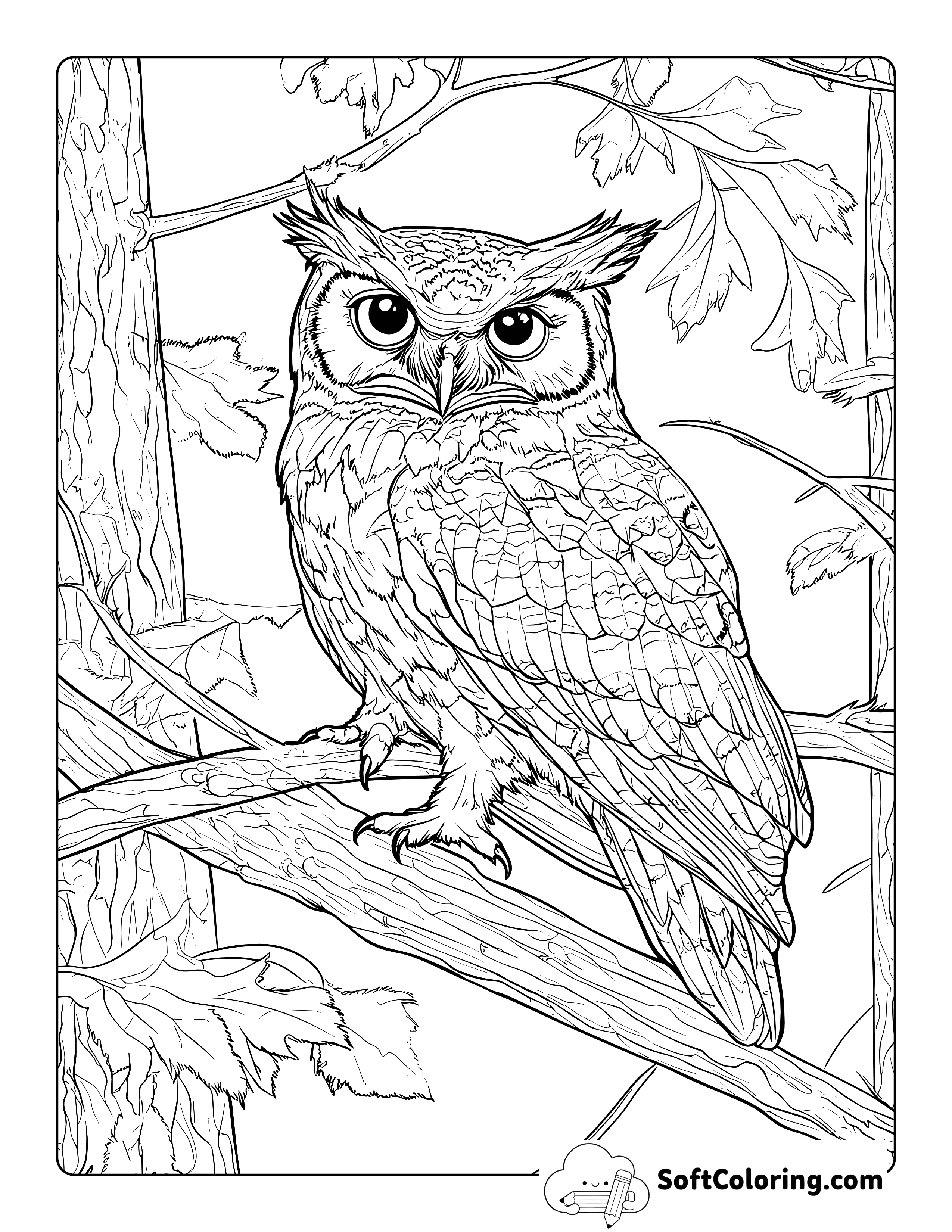 Realistic Horned Owl Coloring Page for Adults