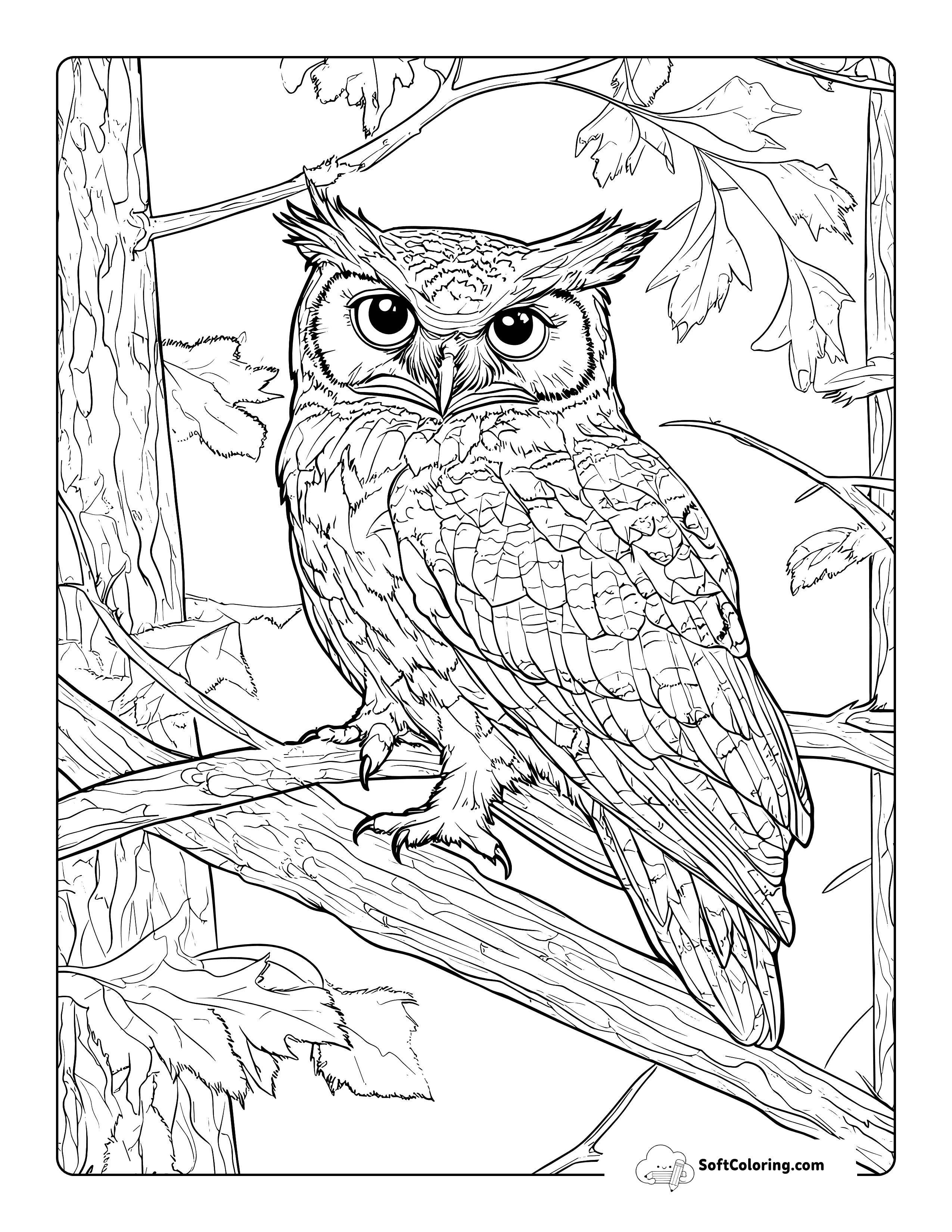 Realistic Horned Owl Coloring Page For Adults