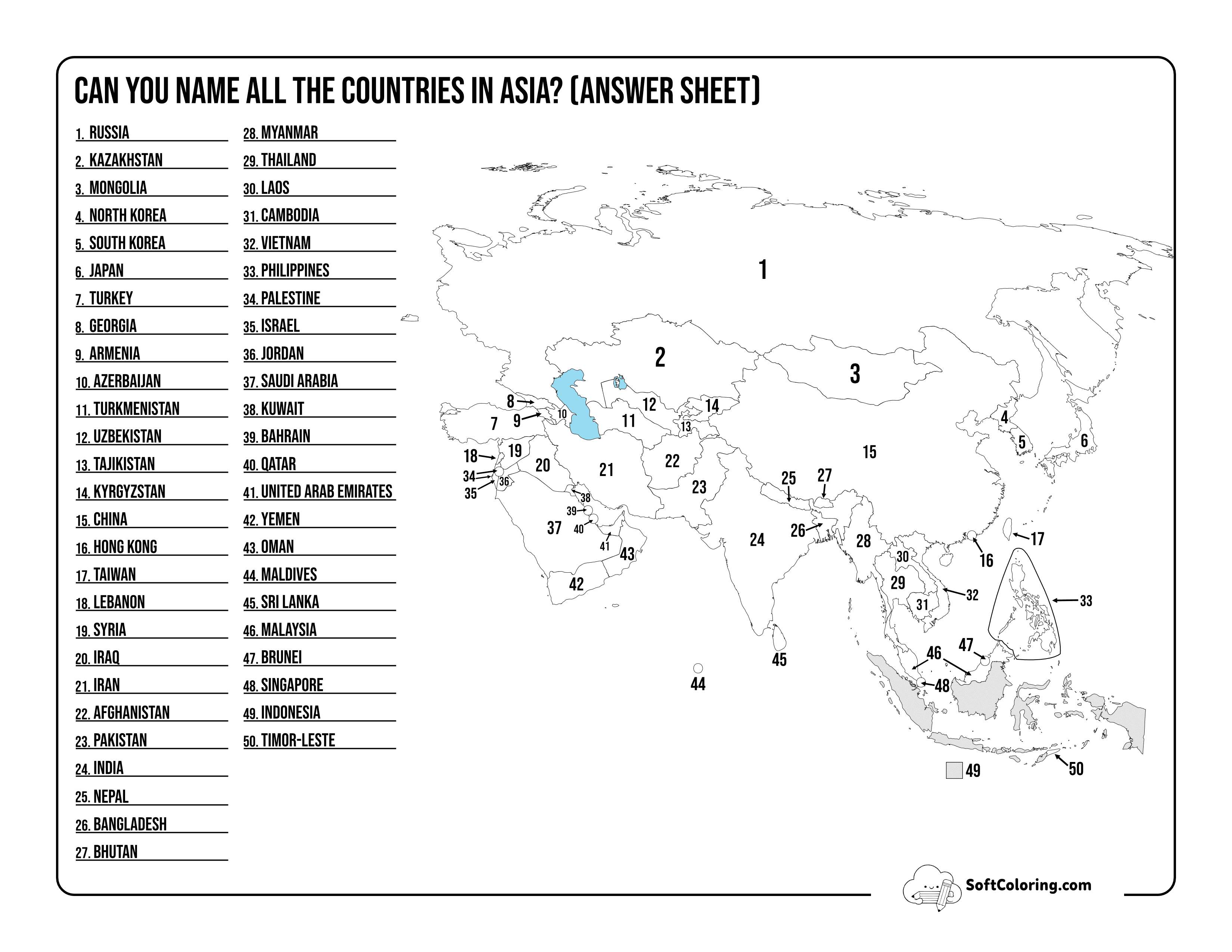 Printable Map Of Asia With Labeled Asian Countries