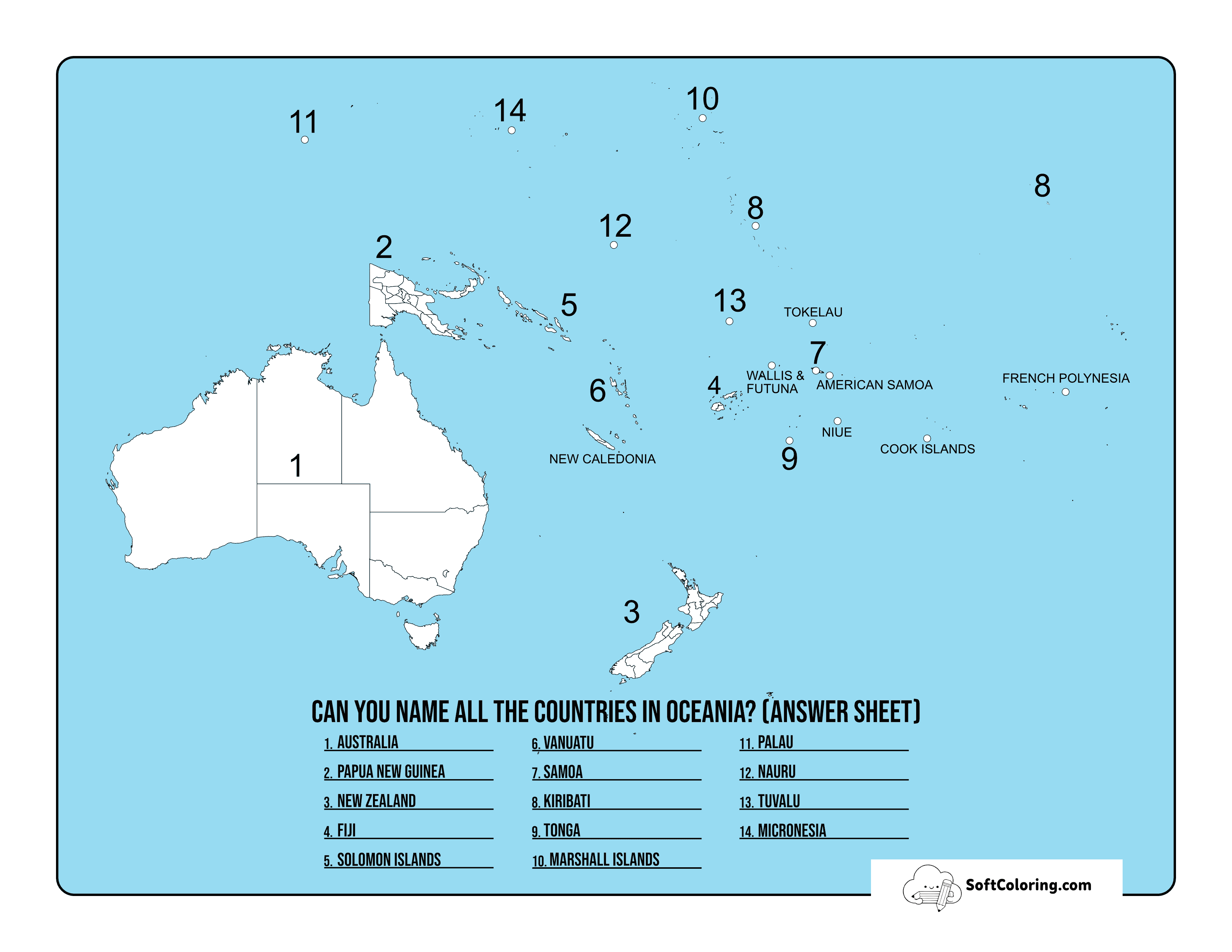 Answer Sheet - Printable Map Of Oceania Quiz