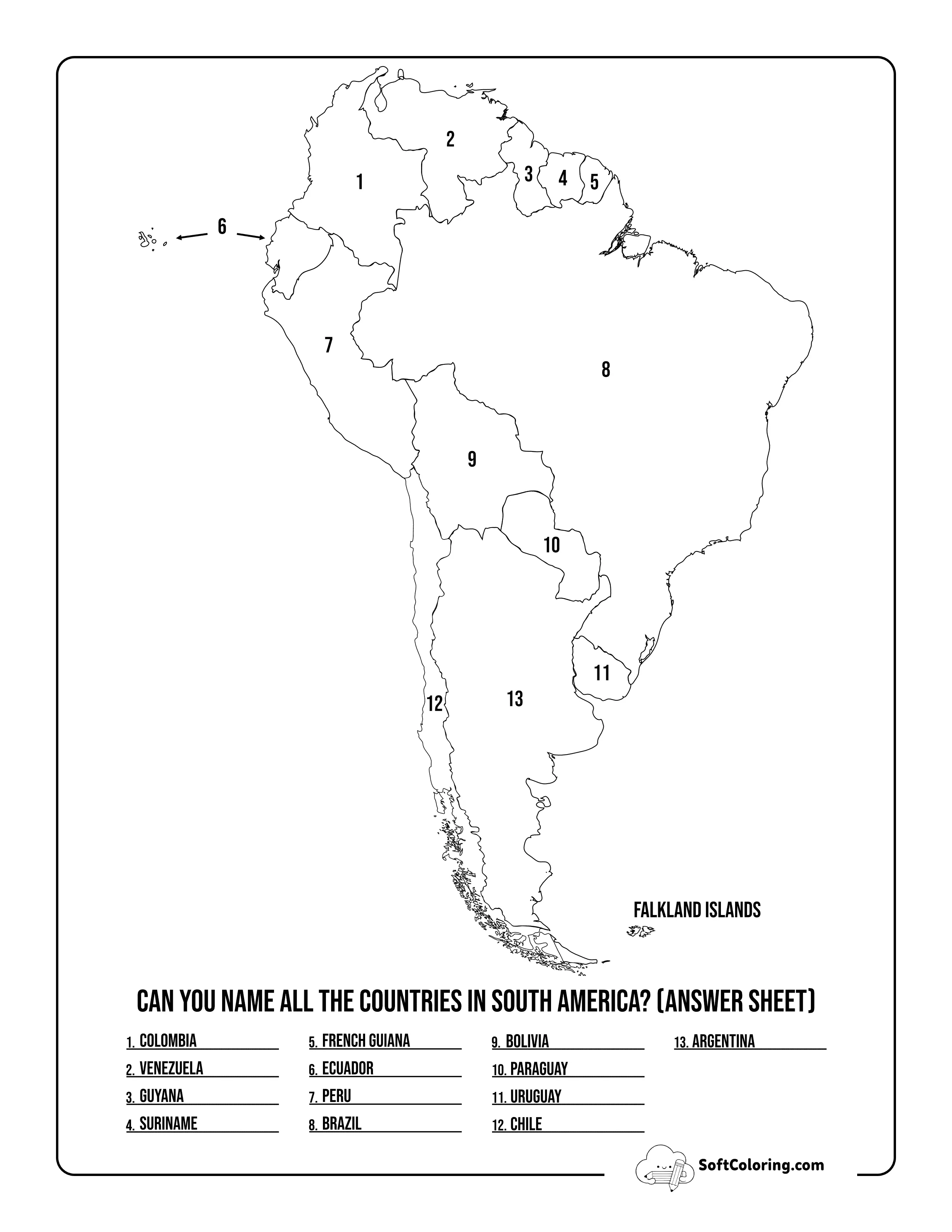 Answer Sheet - Printable South America Map Quiz