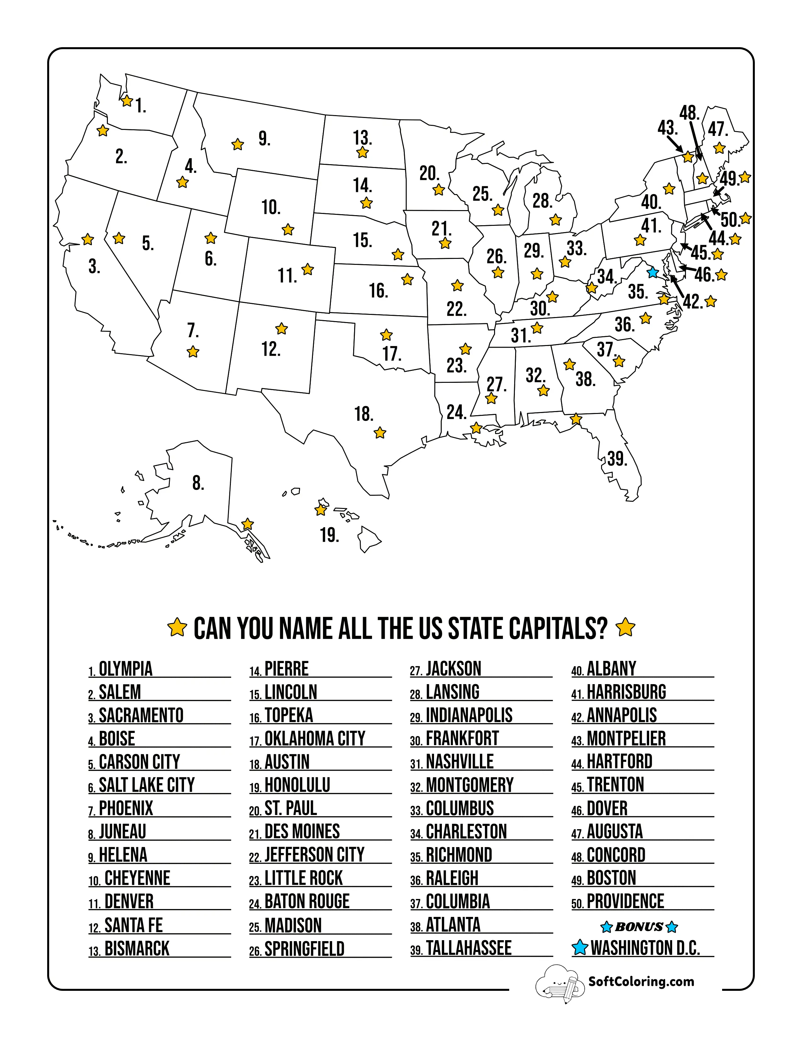 Printable Us Map With Capitals Worksheet - Answer Key