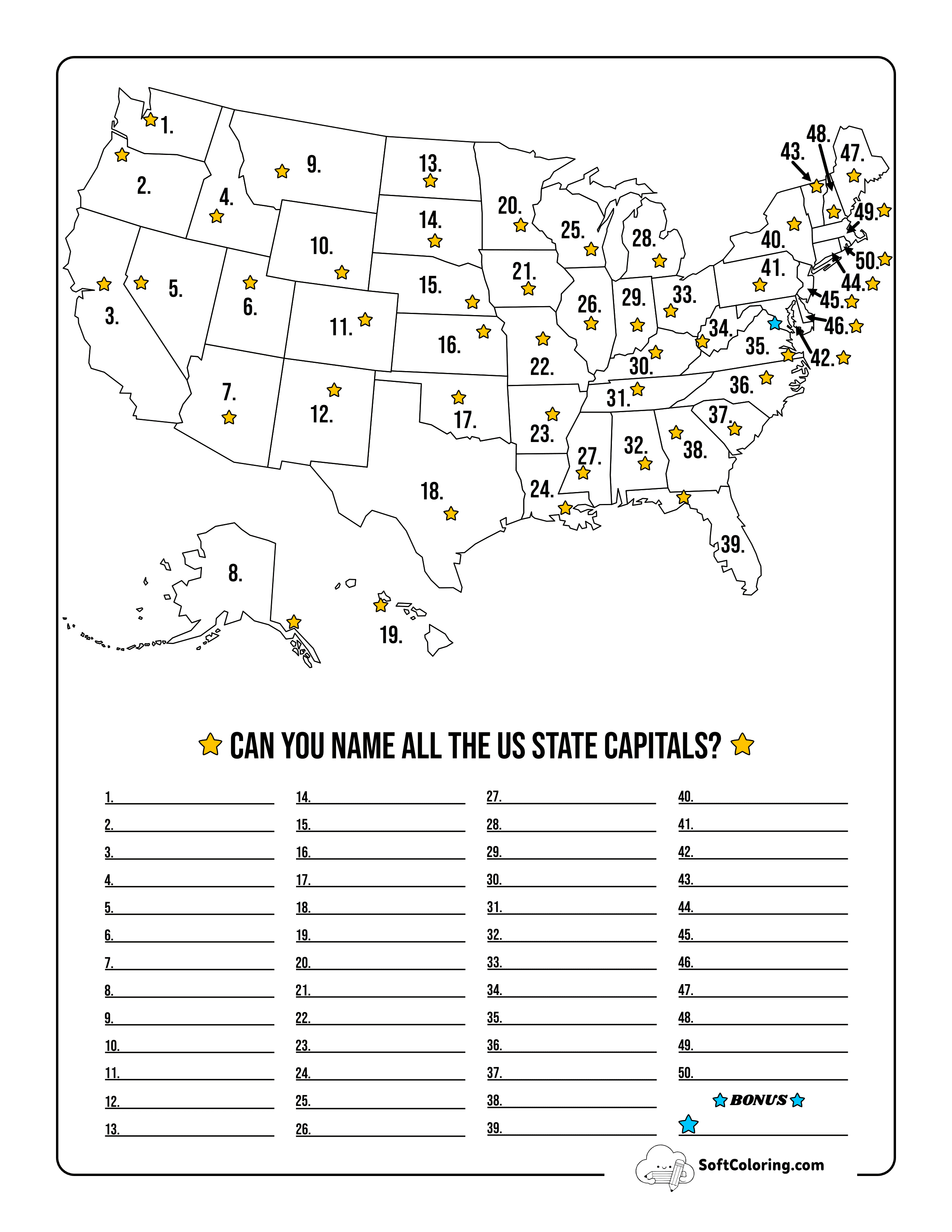 Printable Us Map With Capitals Worksheet