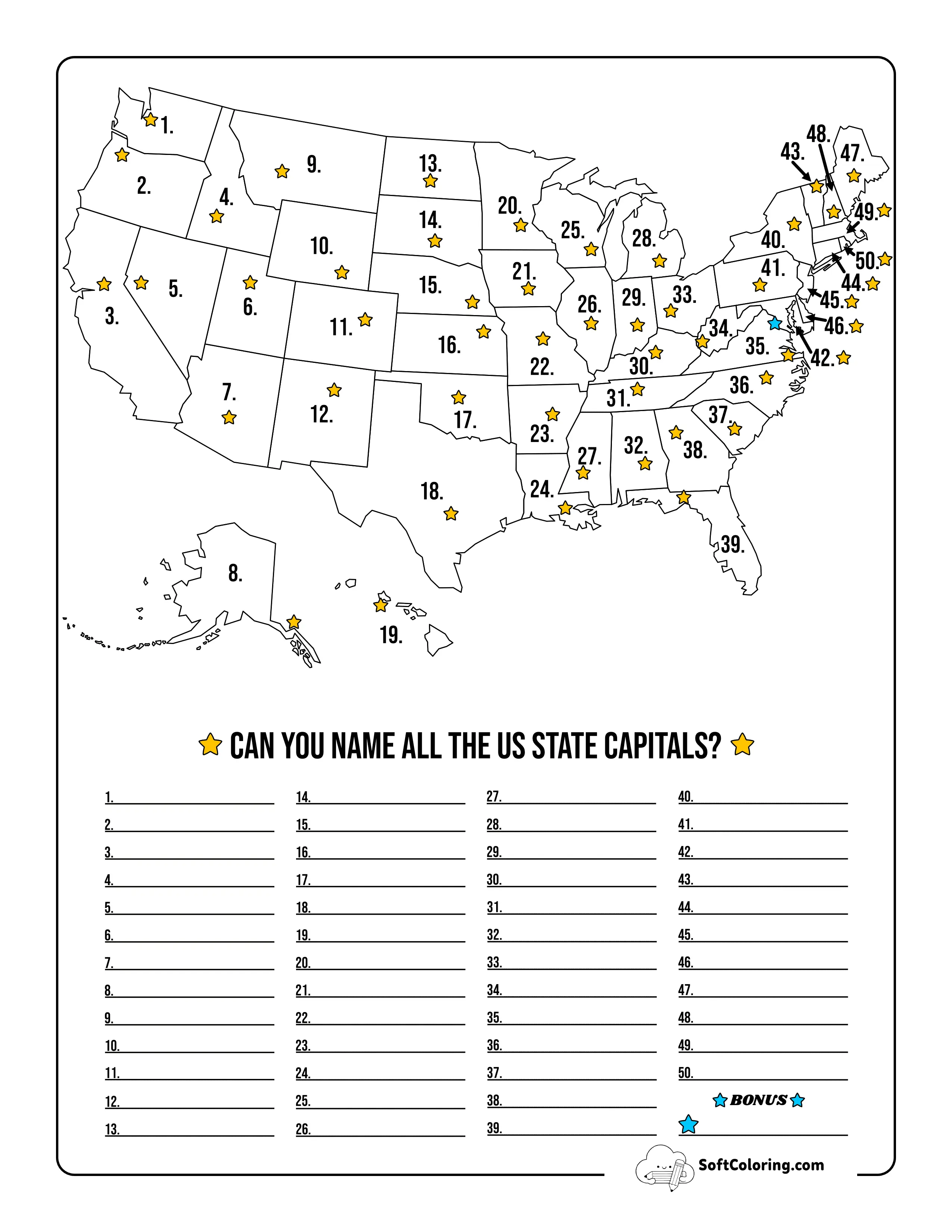 Printable Us Map With Capitals Worksheet