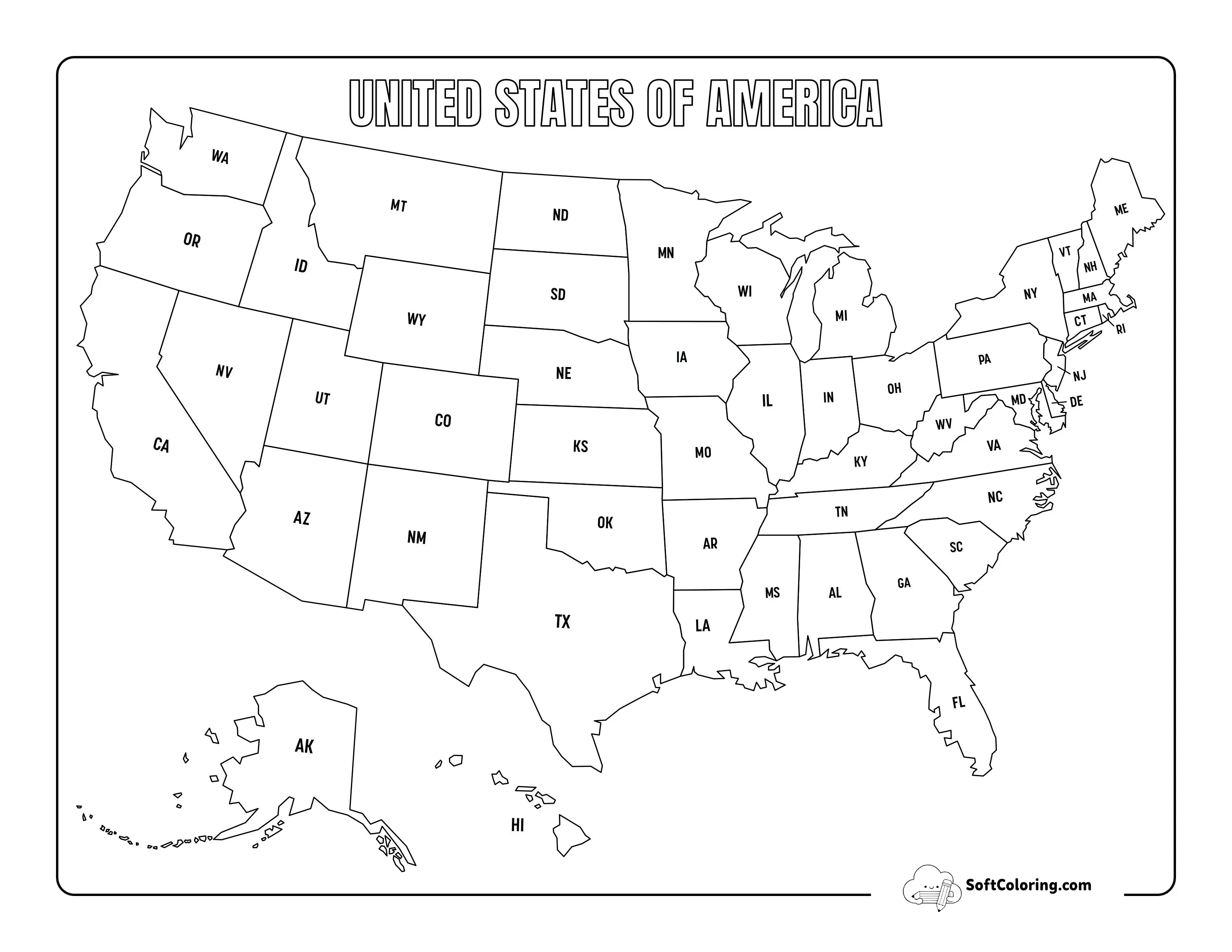 Printable Outline Map Of The United States Of America (With State Abbreviations)
