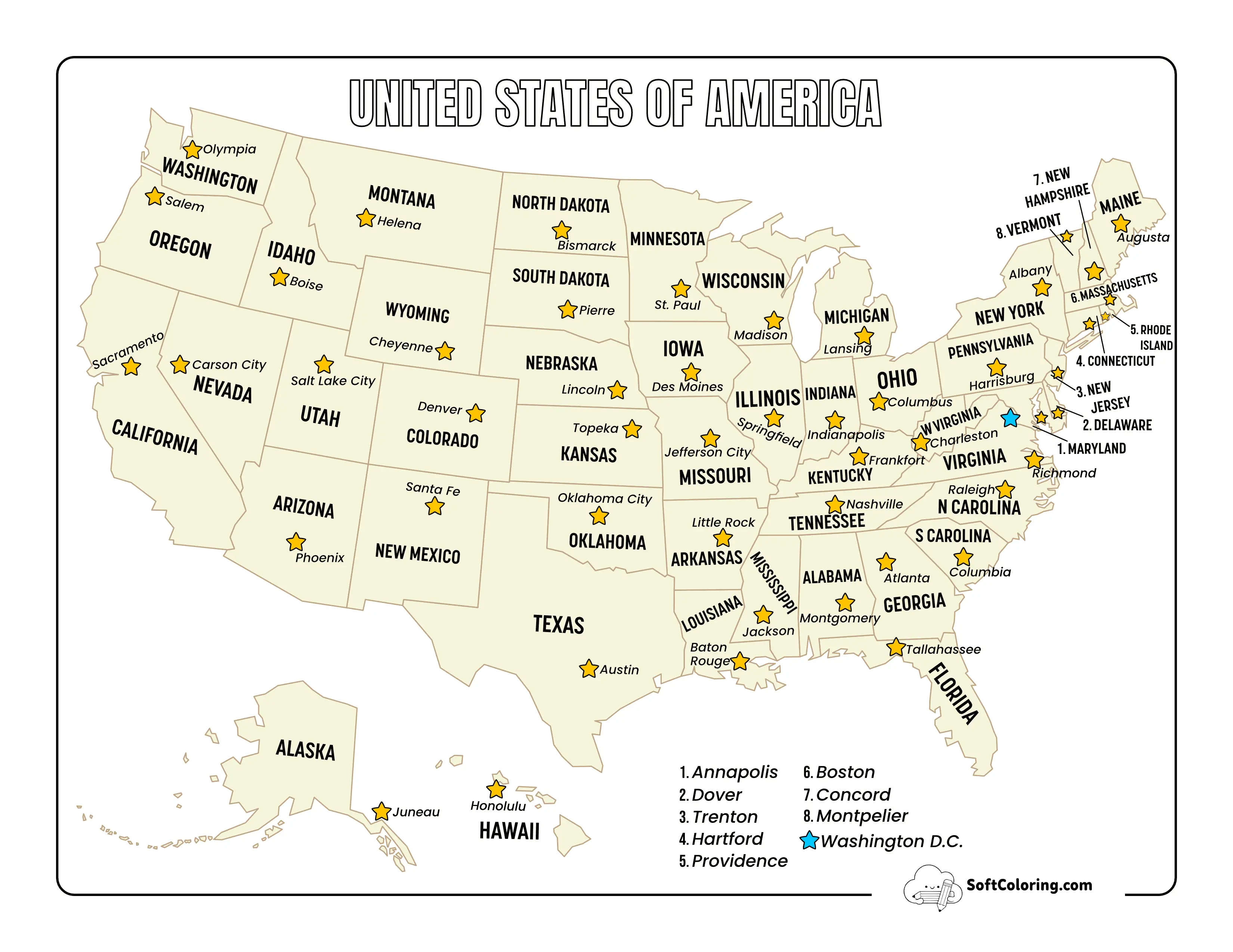 Printable Us Map With Capitals