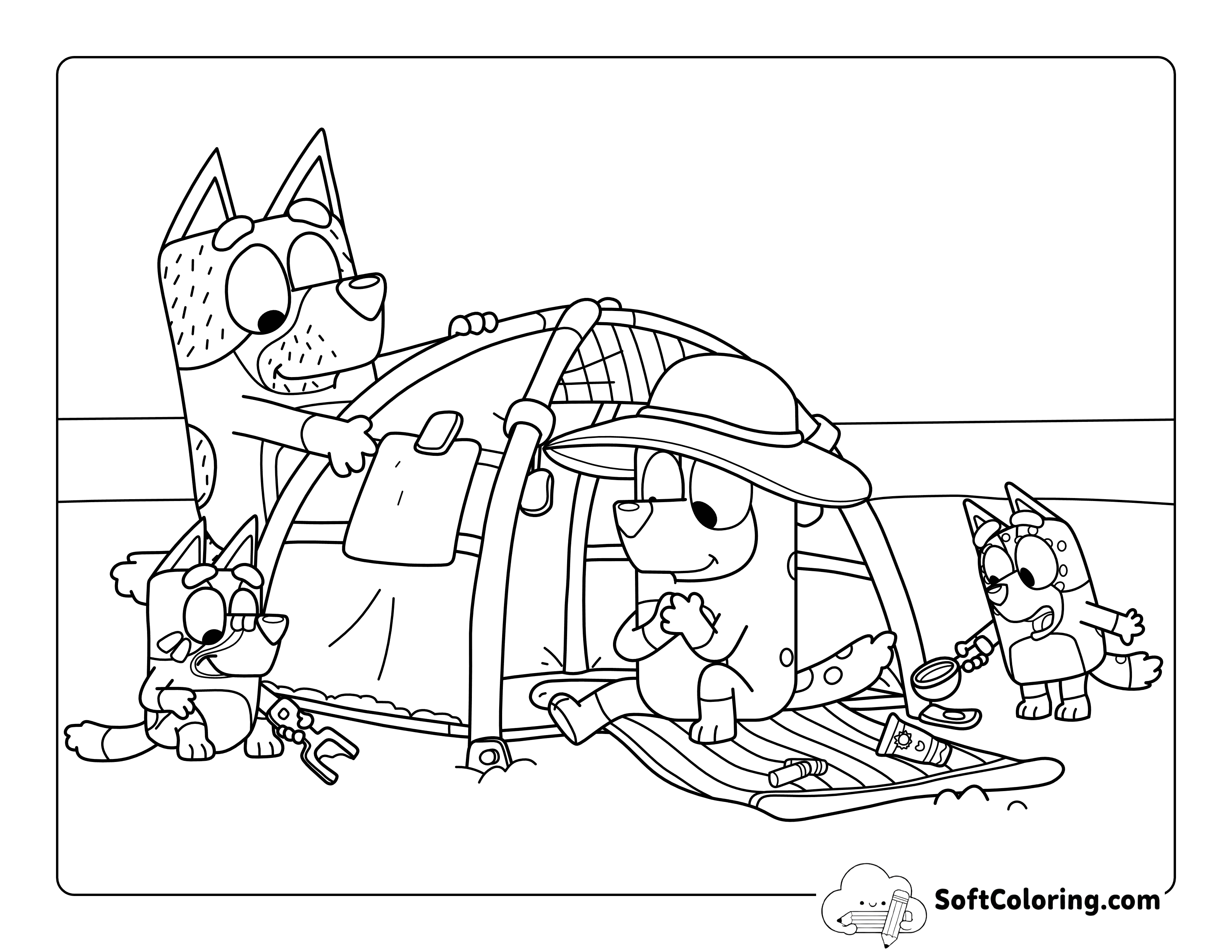 Bluey Family-Inspired Summer Beach Coloring Page