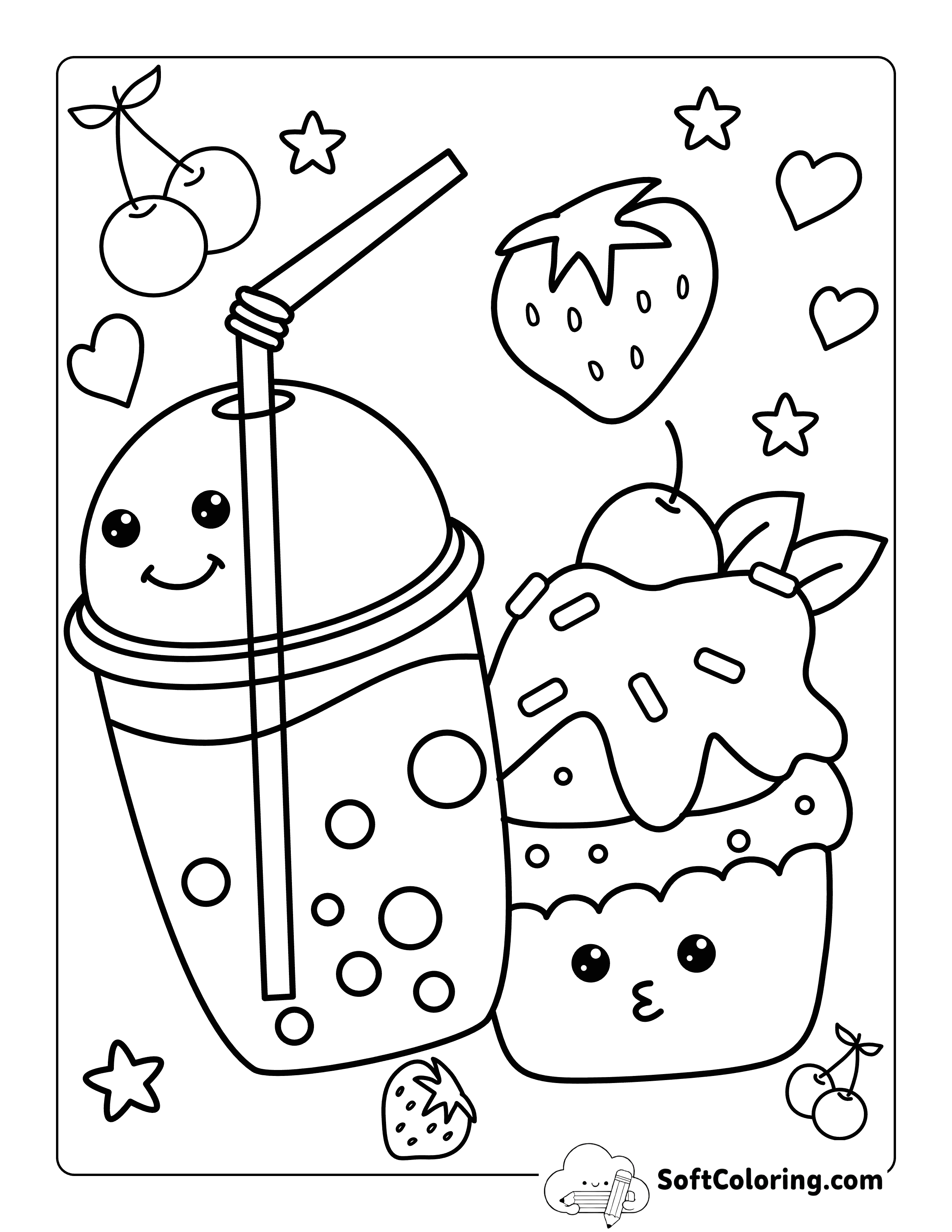 Cute Kawaii Boba Coloring Page with Cupcake and Berries
