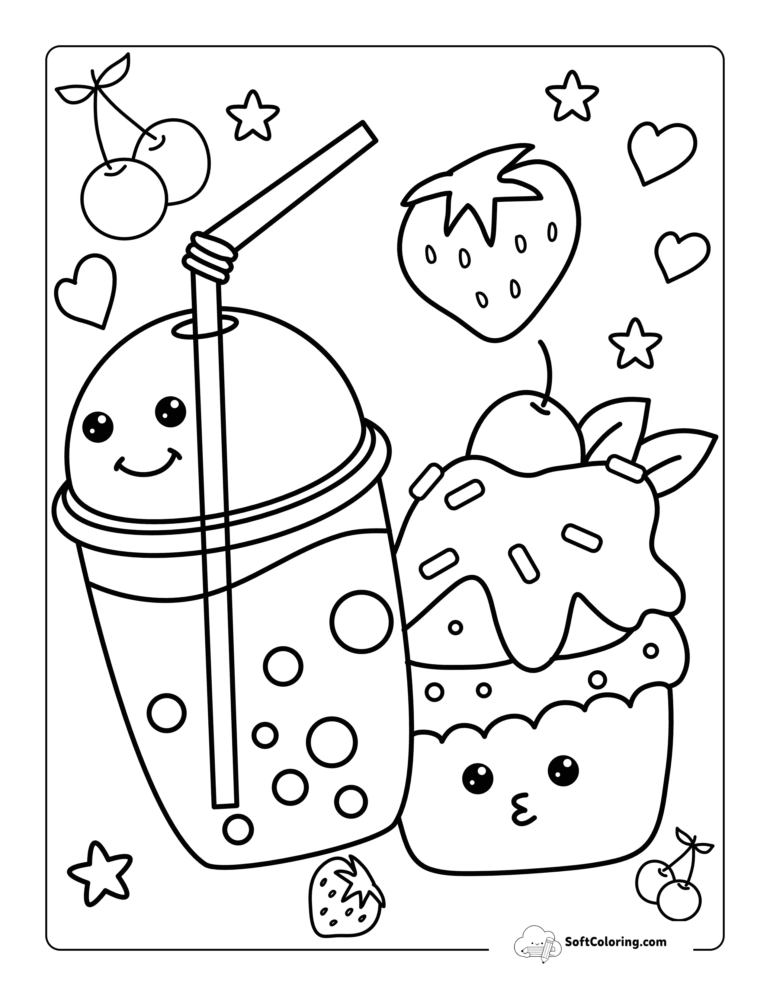 Cute Kawaii Boba Coloring Page With Cupcake And Berries