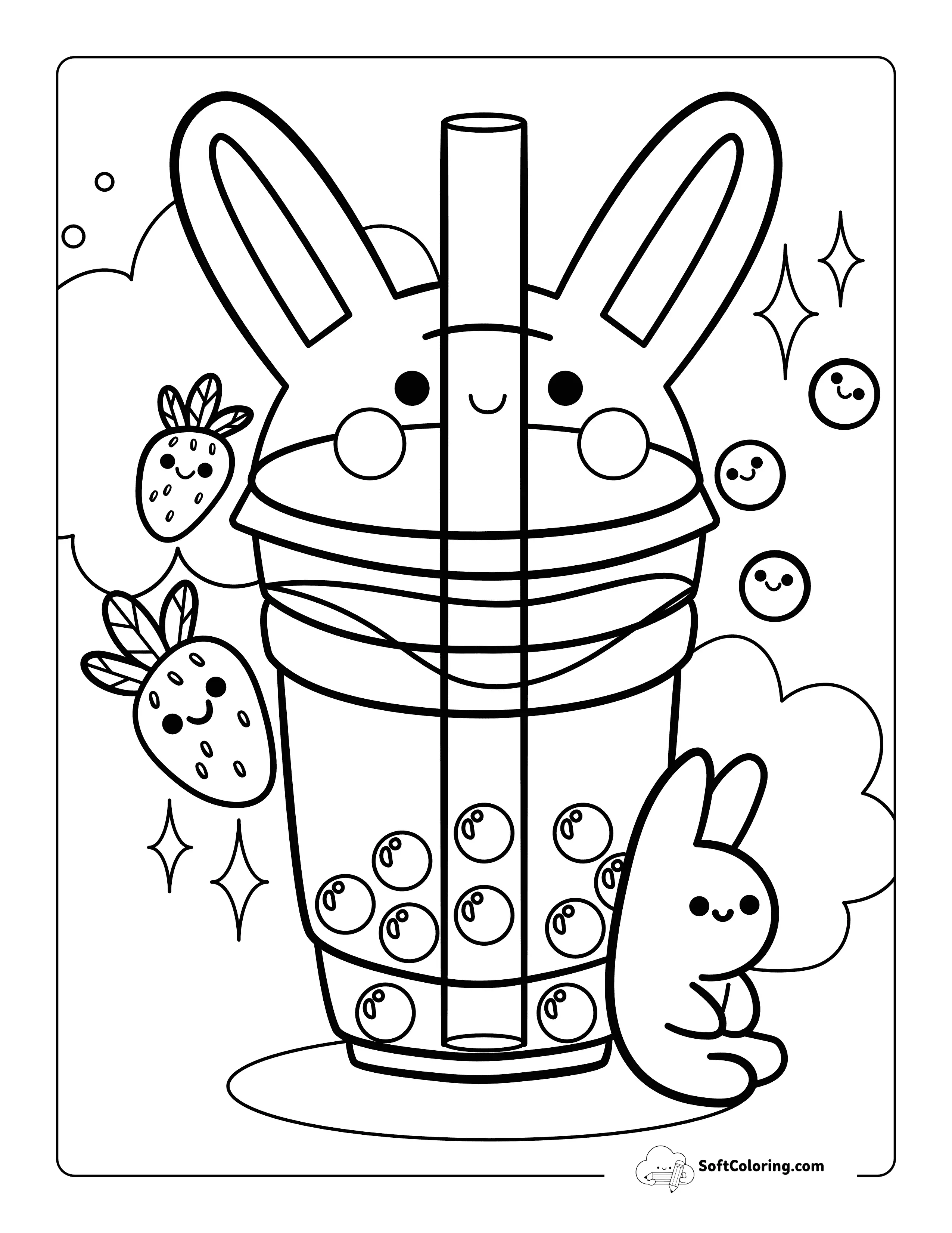 Kawaii Bubble Tea Cup Bunny And Strawberries
