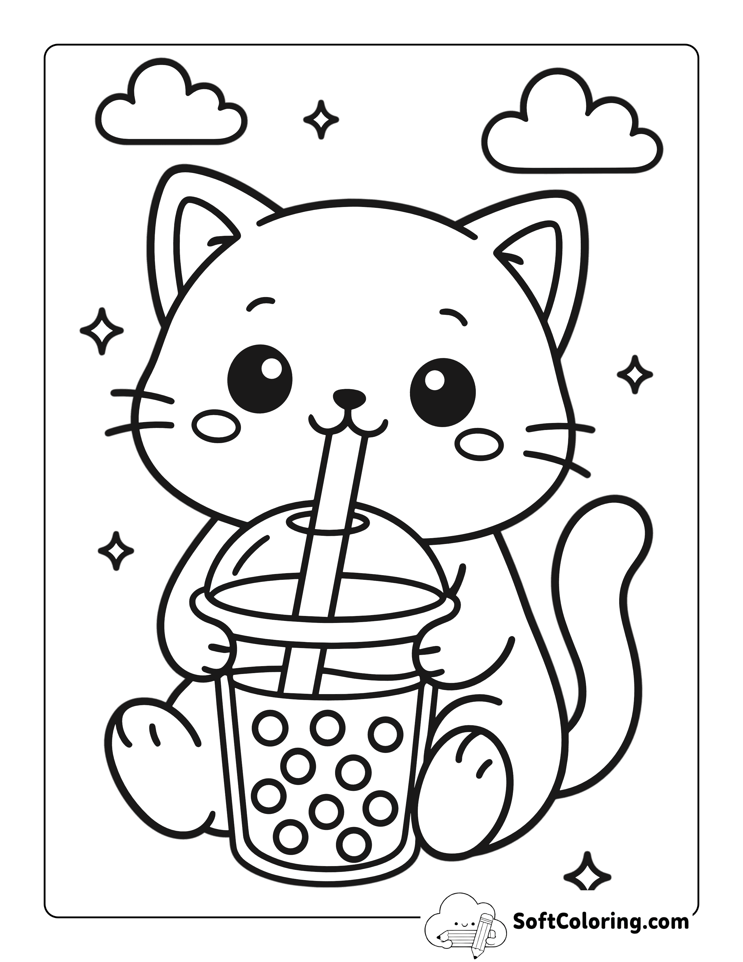 Kawaii Cat Drinking Boba Tea Coloring Page