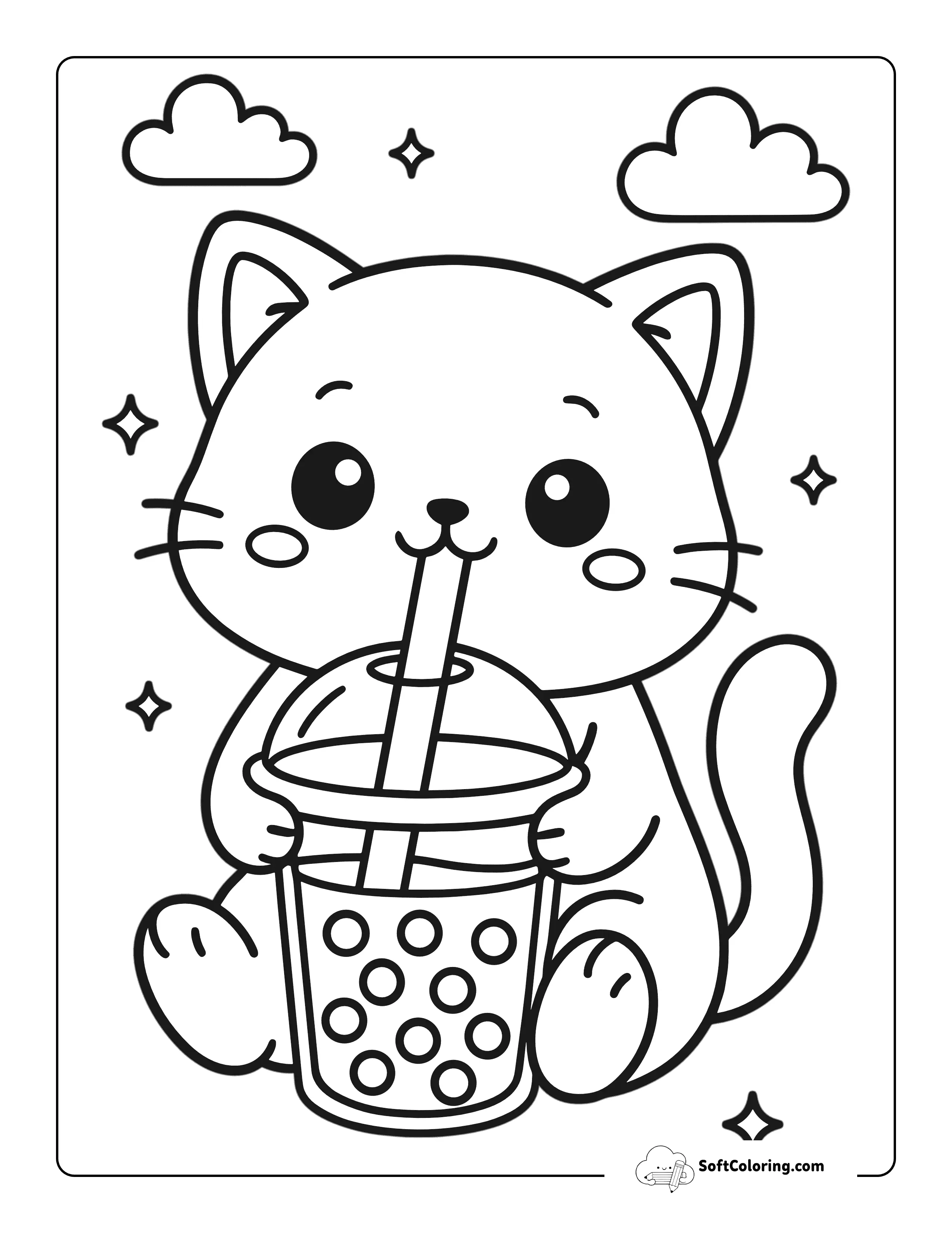 Kawaii Cat Drinking Boba Tea Coloring Page