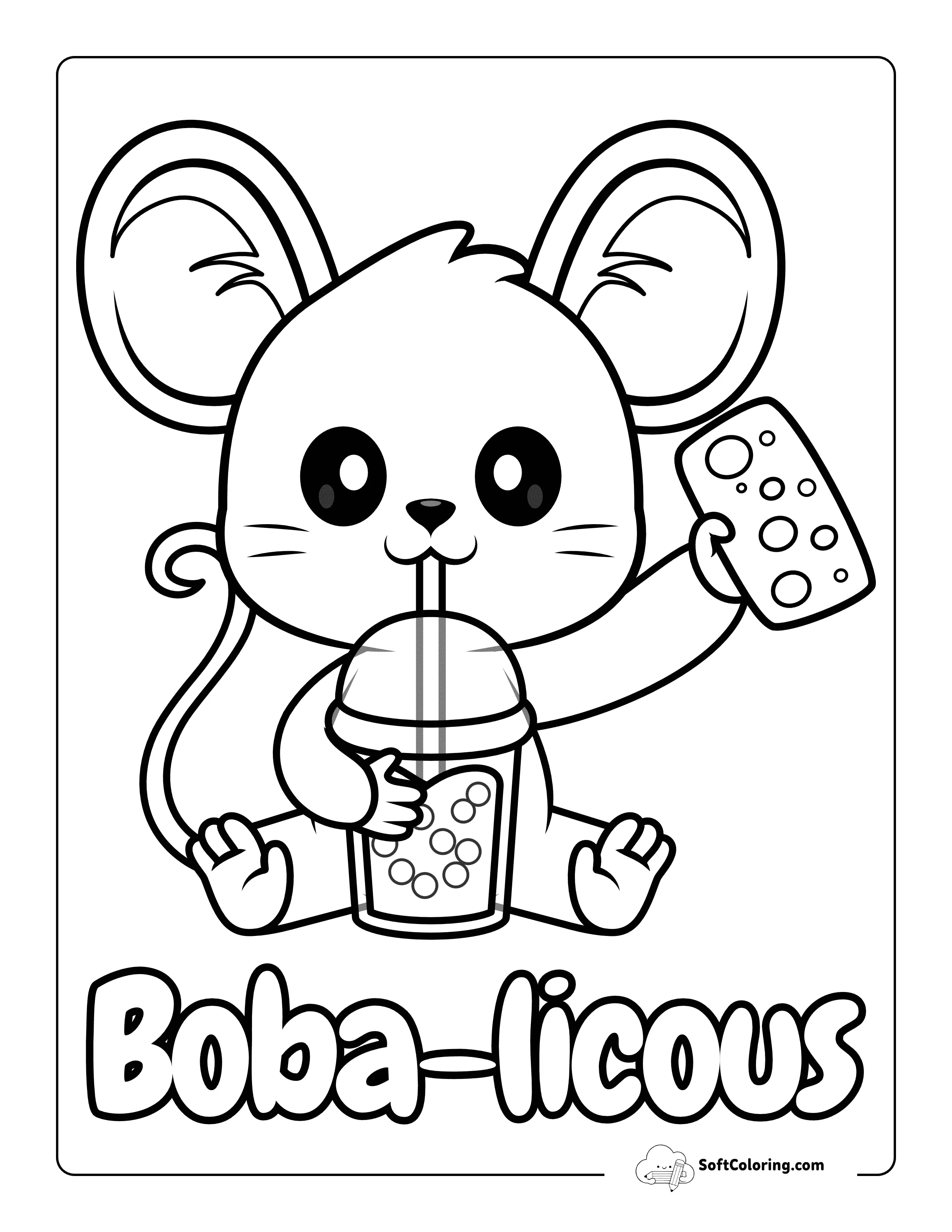 "Boba-Licious" Cute Mouse Drinking Bubble Tea Printable To Color