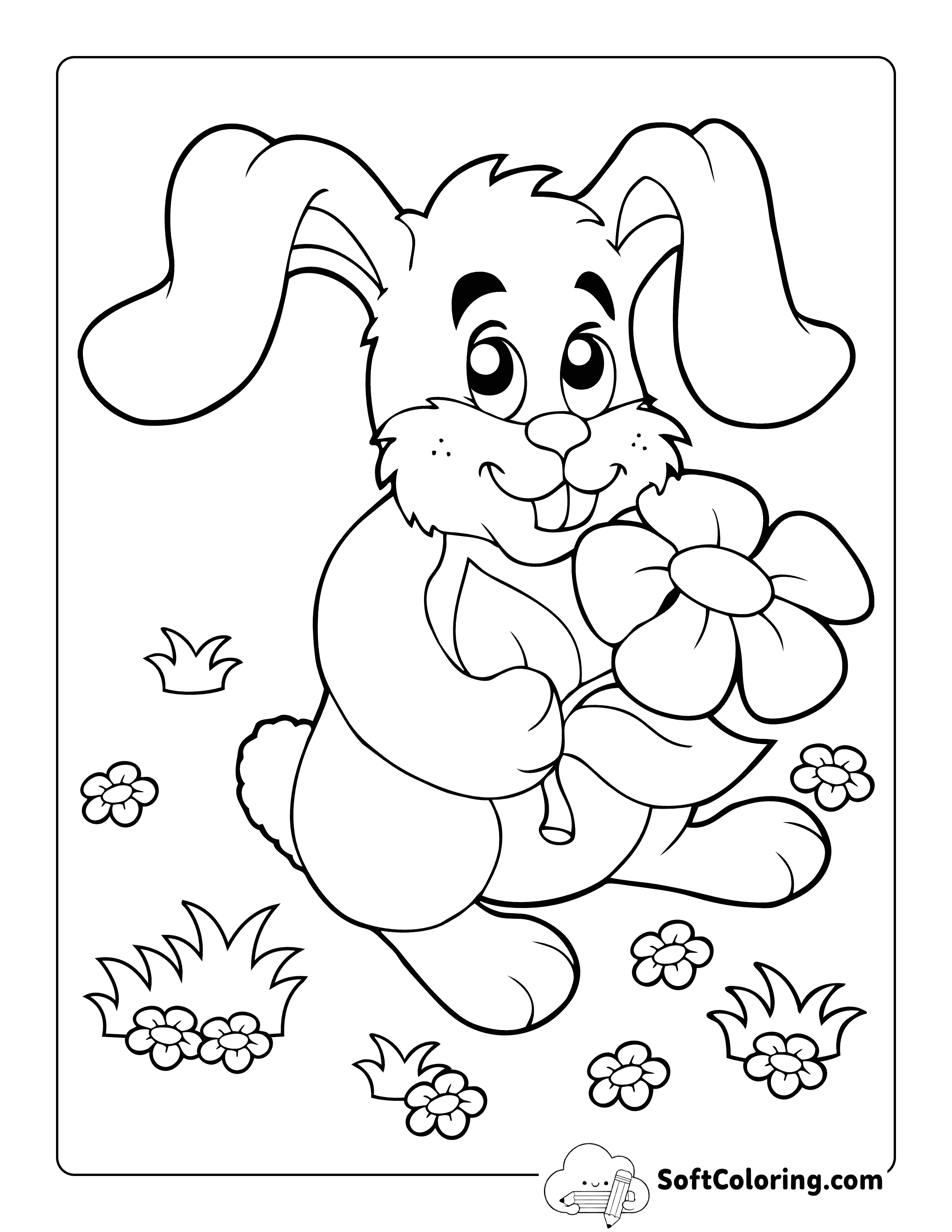 Bunny with a Flower Coloring Page for Kids