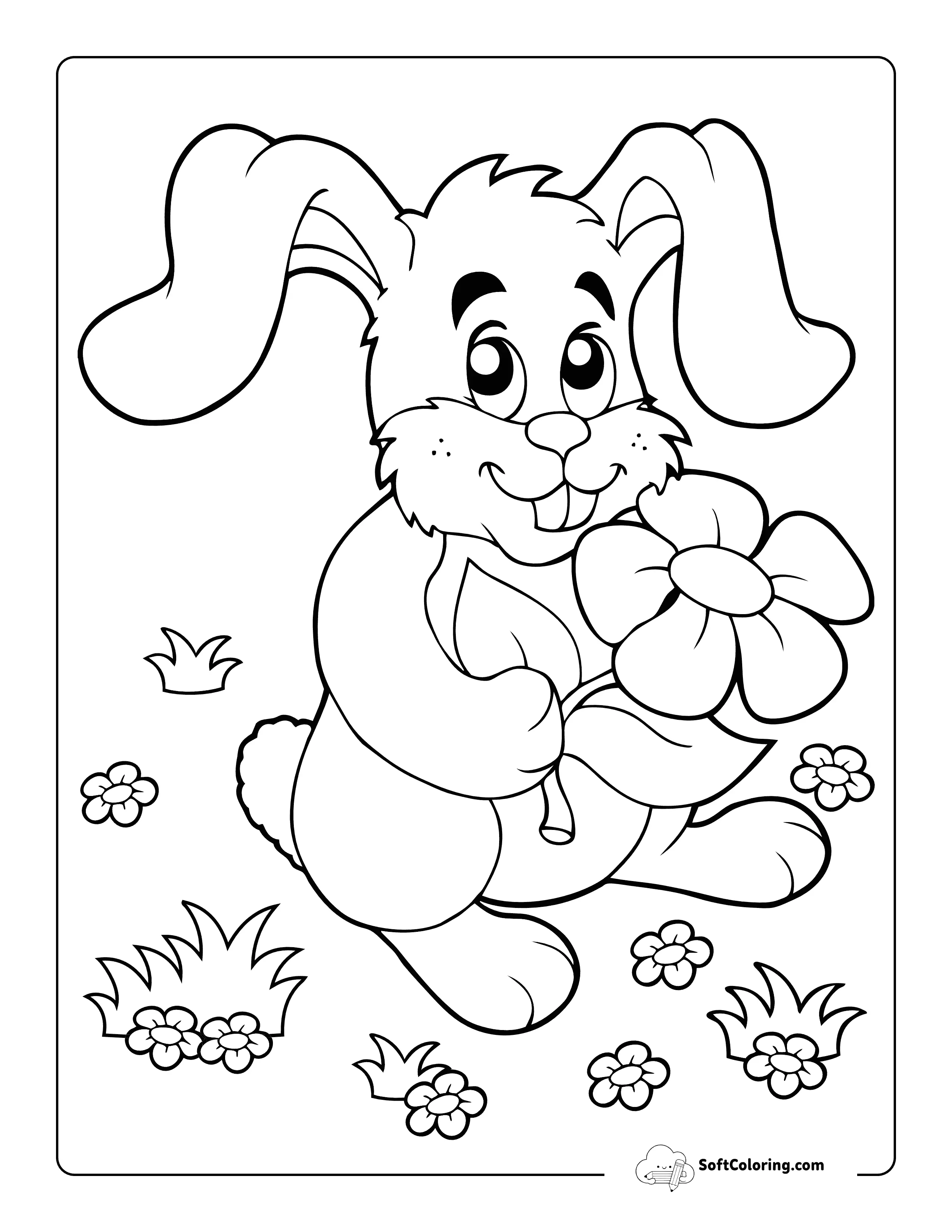 Bunny With A Flower Coloring Page For Kids