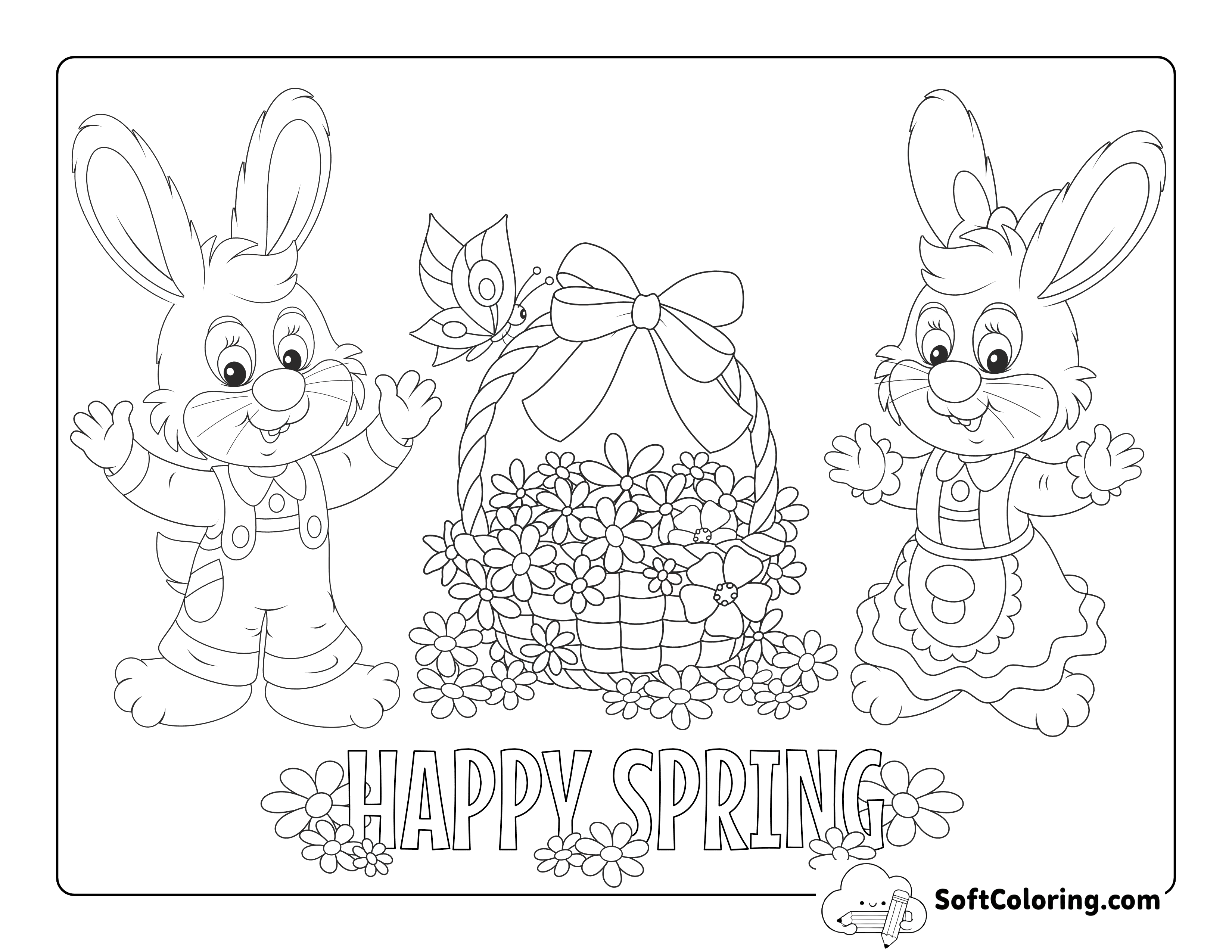 Detailed "Happy Spring" Bunnies with Flower Basket