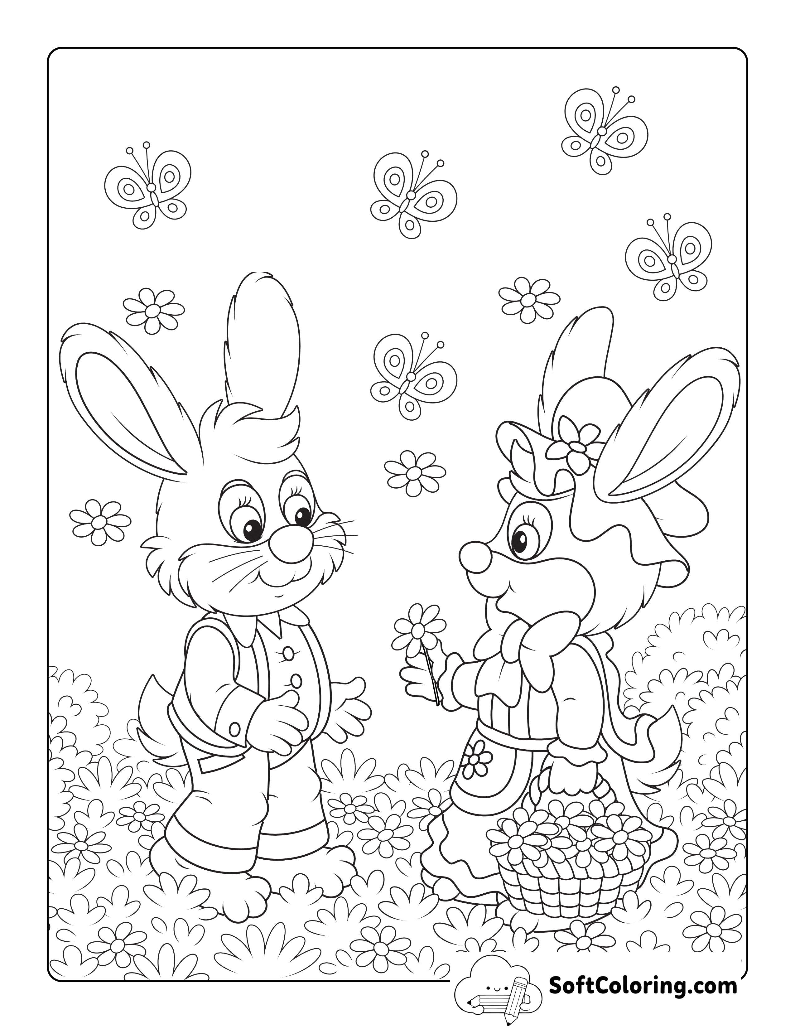 Detailed Bunny Gifting Flowers Coloring Page