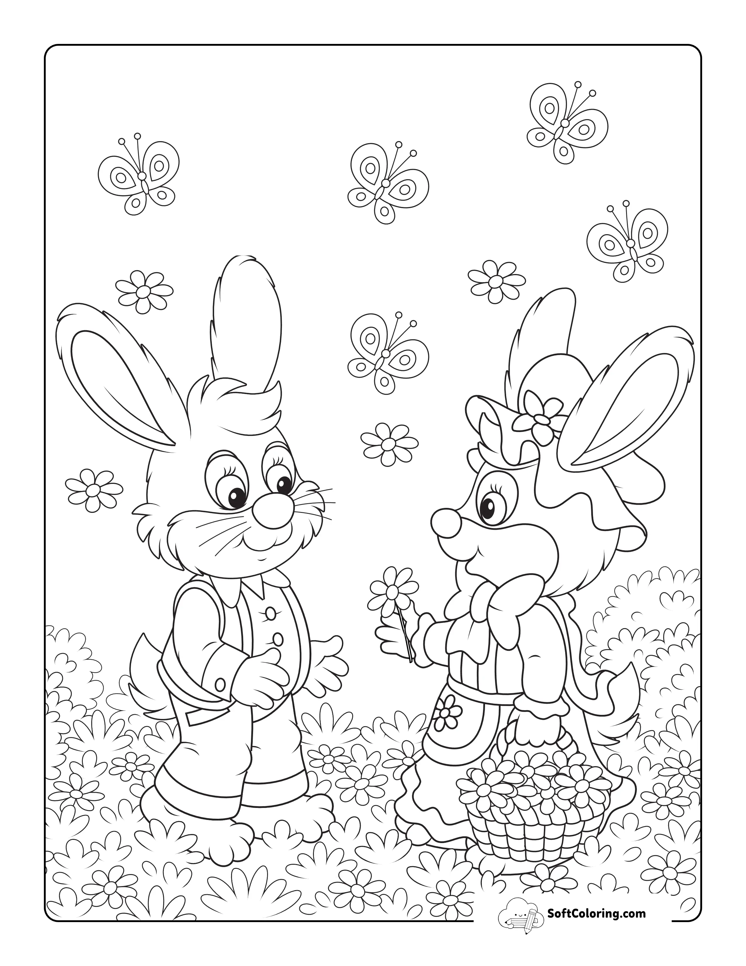 Detailed Bunny Gifting Flowers Coloring Page