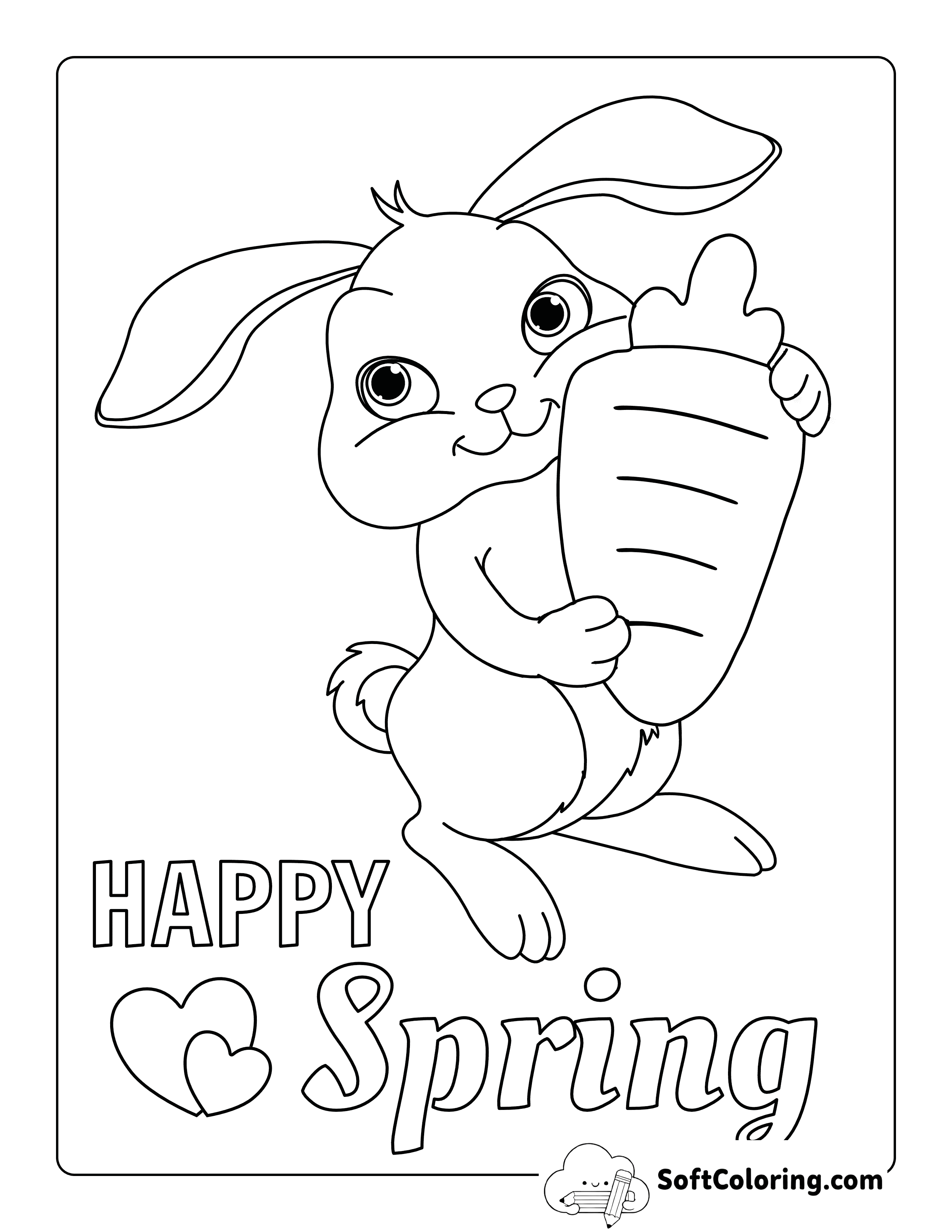 "Happy Spring" Cute Bunny with Carrot Coloring Page