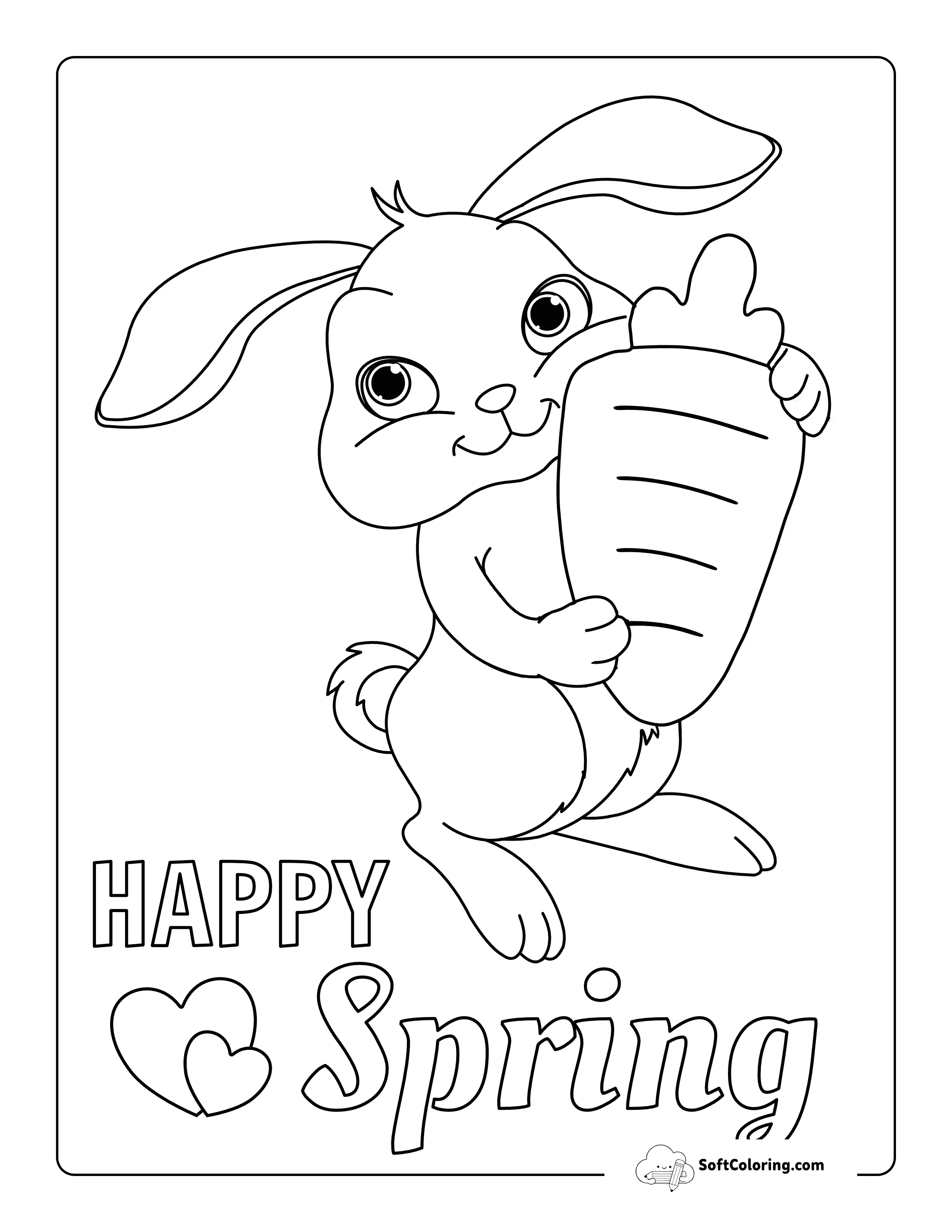 "Happy Spring" Cute Bunny With Carrot Coloring Page