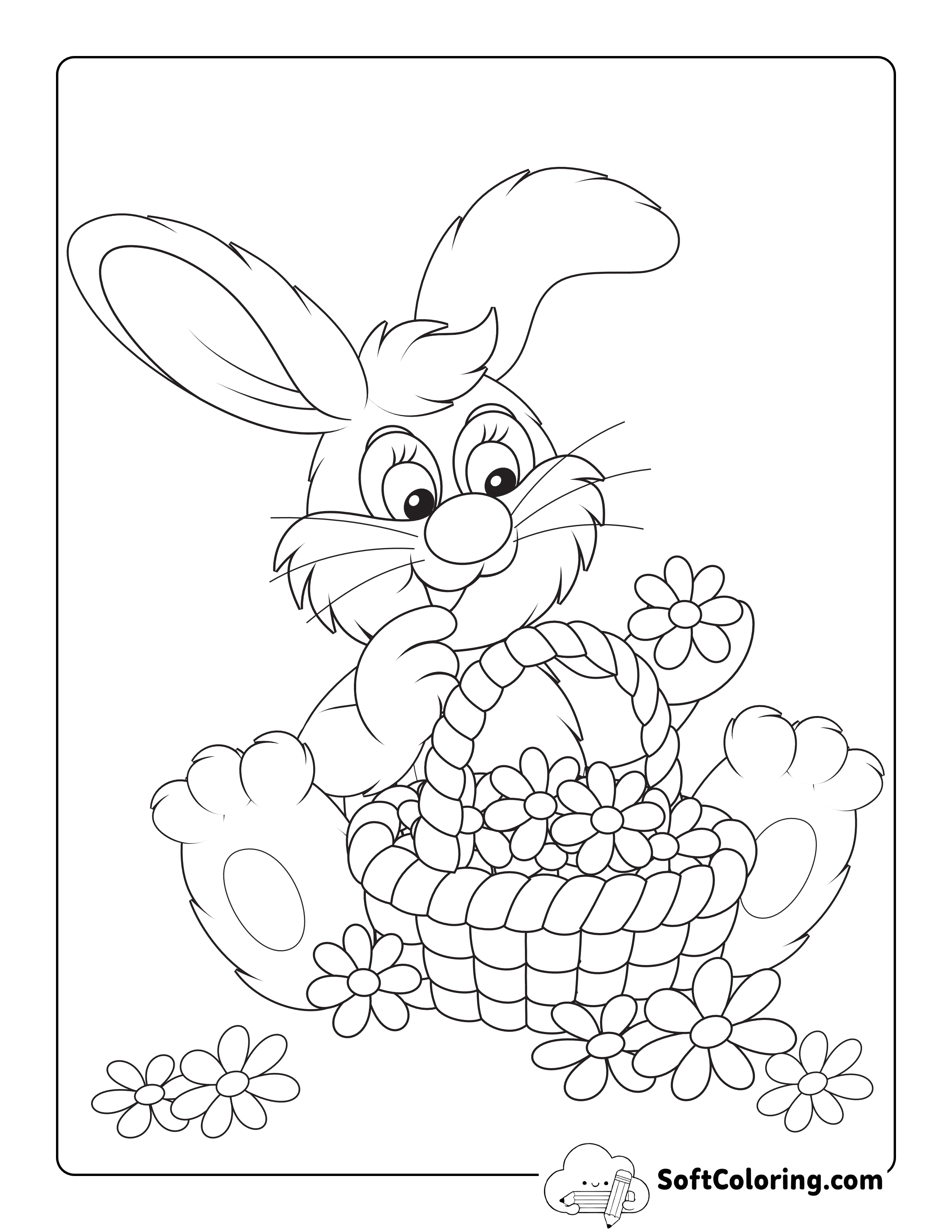 Spring Bunny Rabbit Picking Flowers Coloring Page