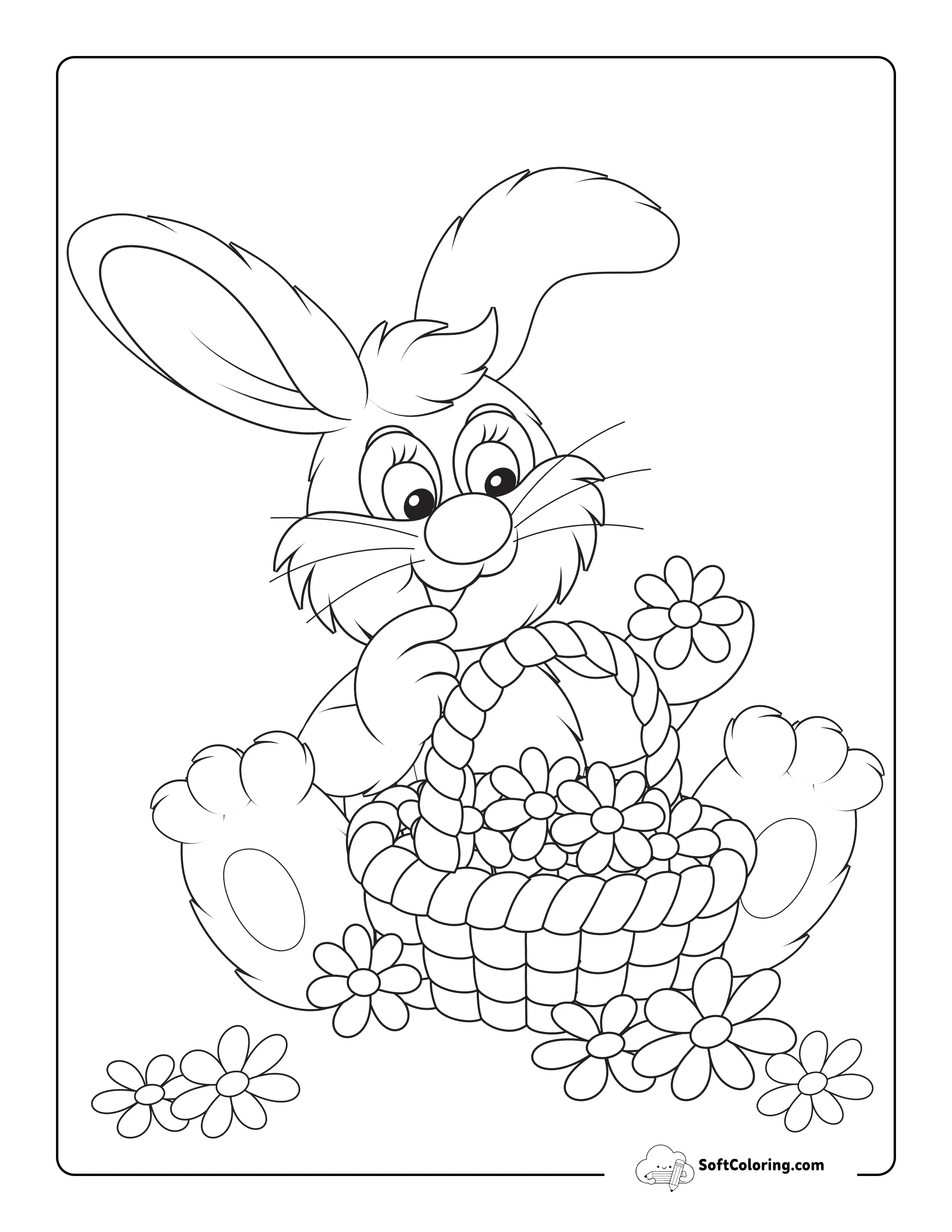 Spring Bunny Rabbit Picking Flowers Coloring Page
