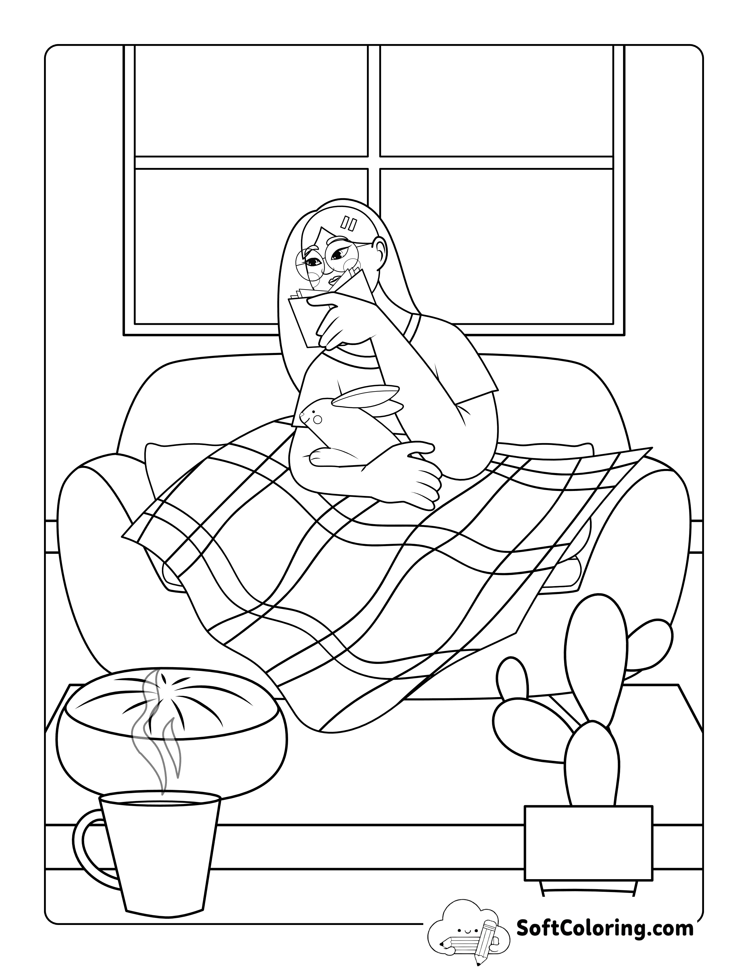 Aesthetic Indoor Pet Bunny Coloring Sheet Printable